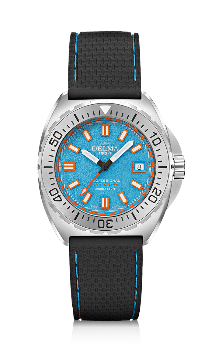 Delma Shell Star 41mm quartz blue dial black rubber strap