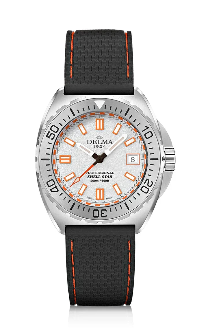 Delma Shell Star 41mm quartz white dial black rubber strap