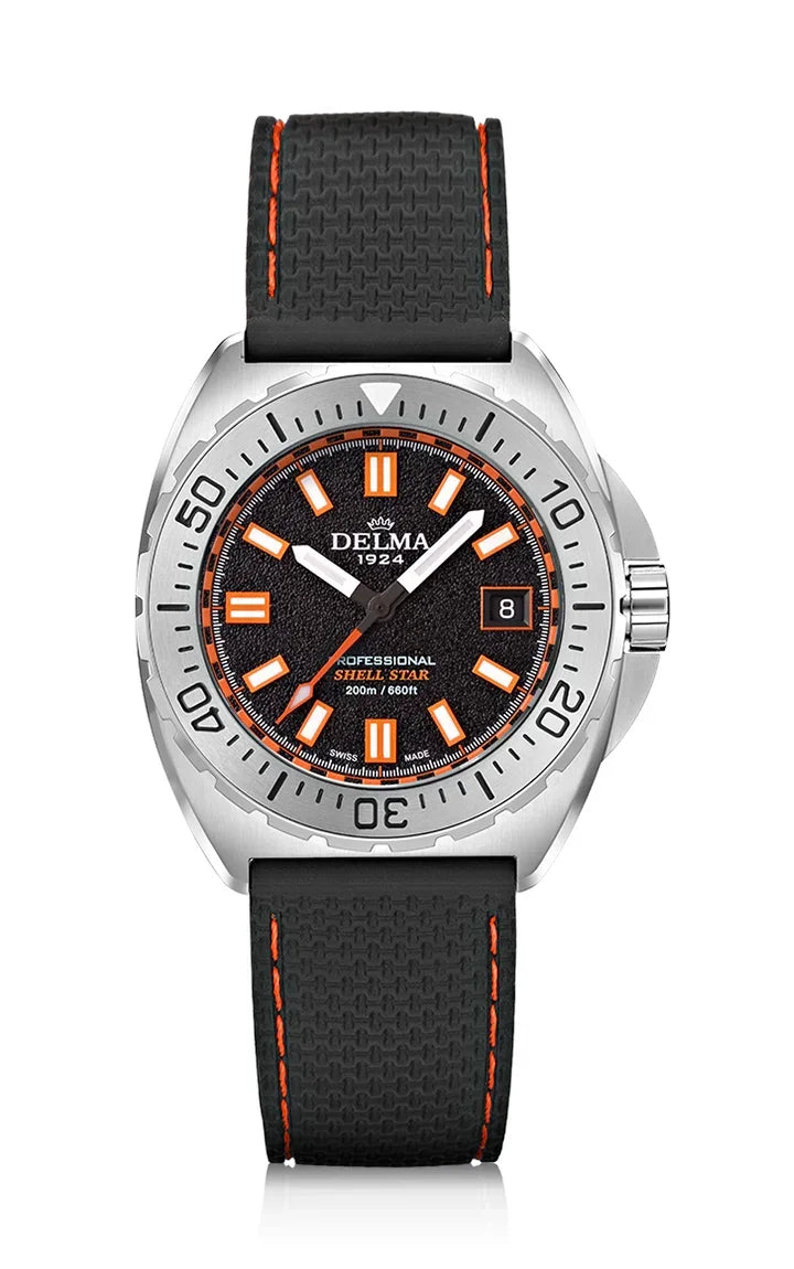 Delma Shell Star 41mm quartz black dial black rubber strap