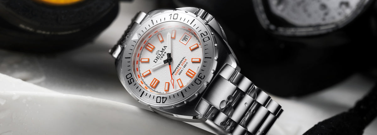 DELMA Shell Star 41 mm stainless steel watch with white dial in context