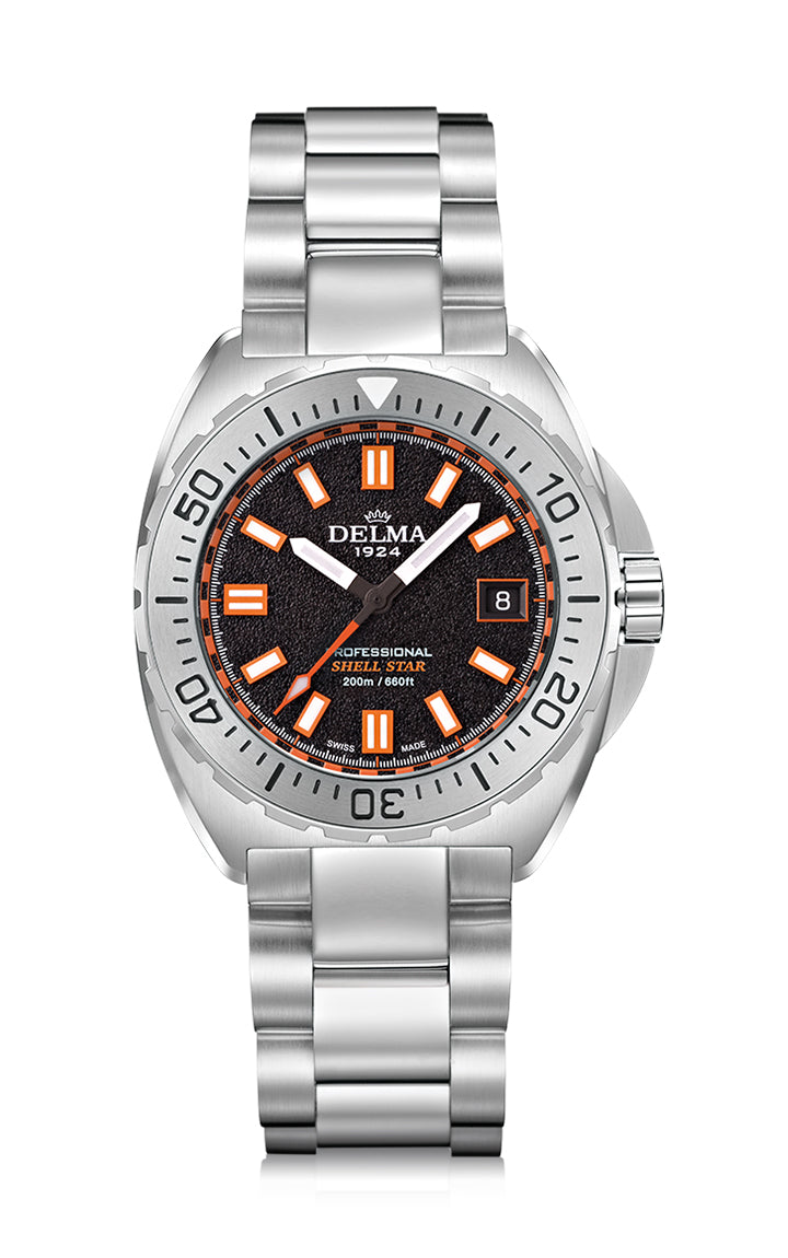 Delma Shell Star 41mm quartz black dial stainless steel bracelet