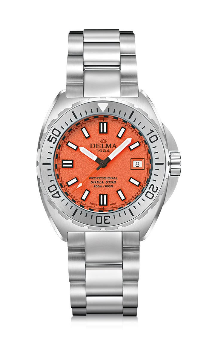 Delma Shell Star 41mm quartz orange dial stainless steel bracelet