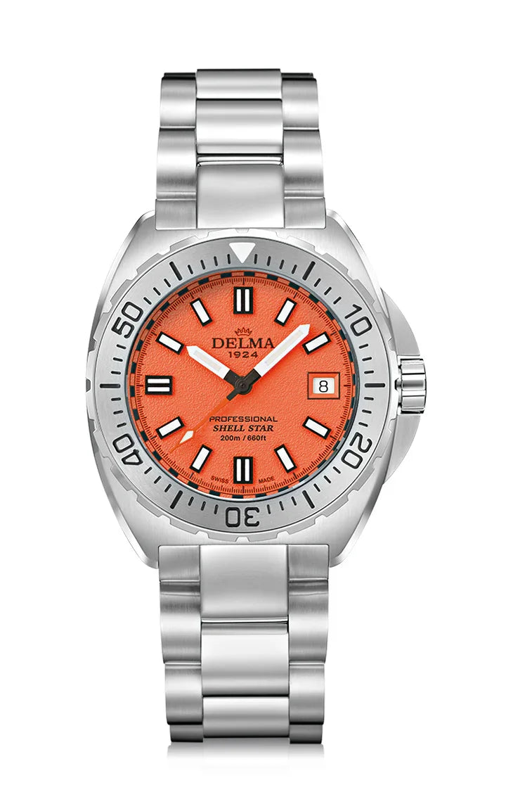 Delma Shell Star 41mm quartz orange dial stainless steel bracelet