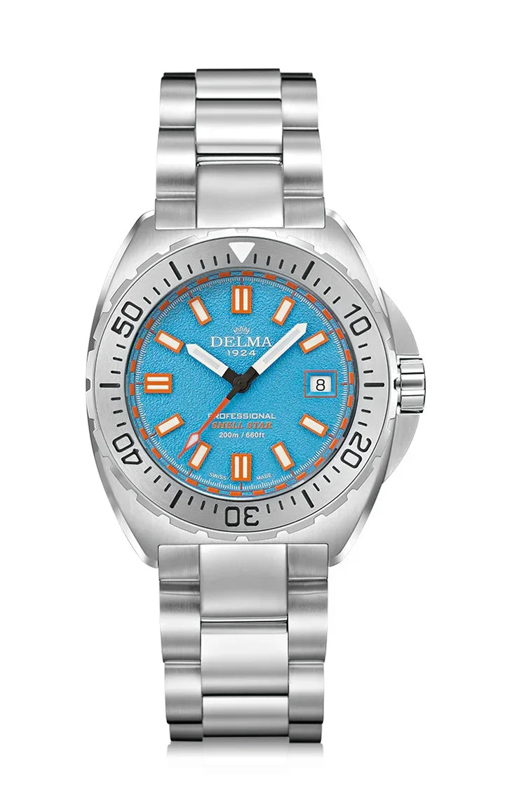 Delma Shell Star 41mm quartz blue dial stainless steel bracelet