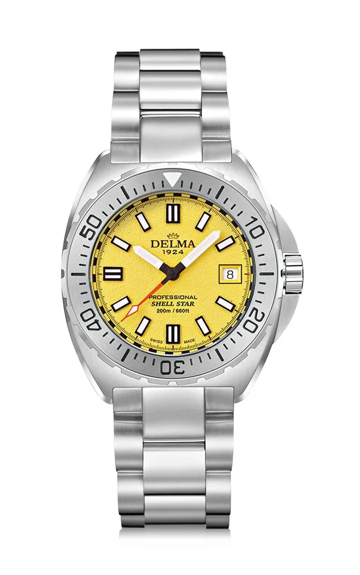 Delma Shell Star 41mm quartz yellow dial stainless steel bracelet