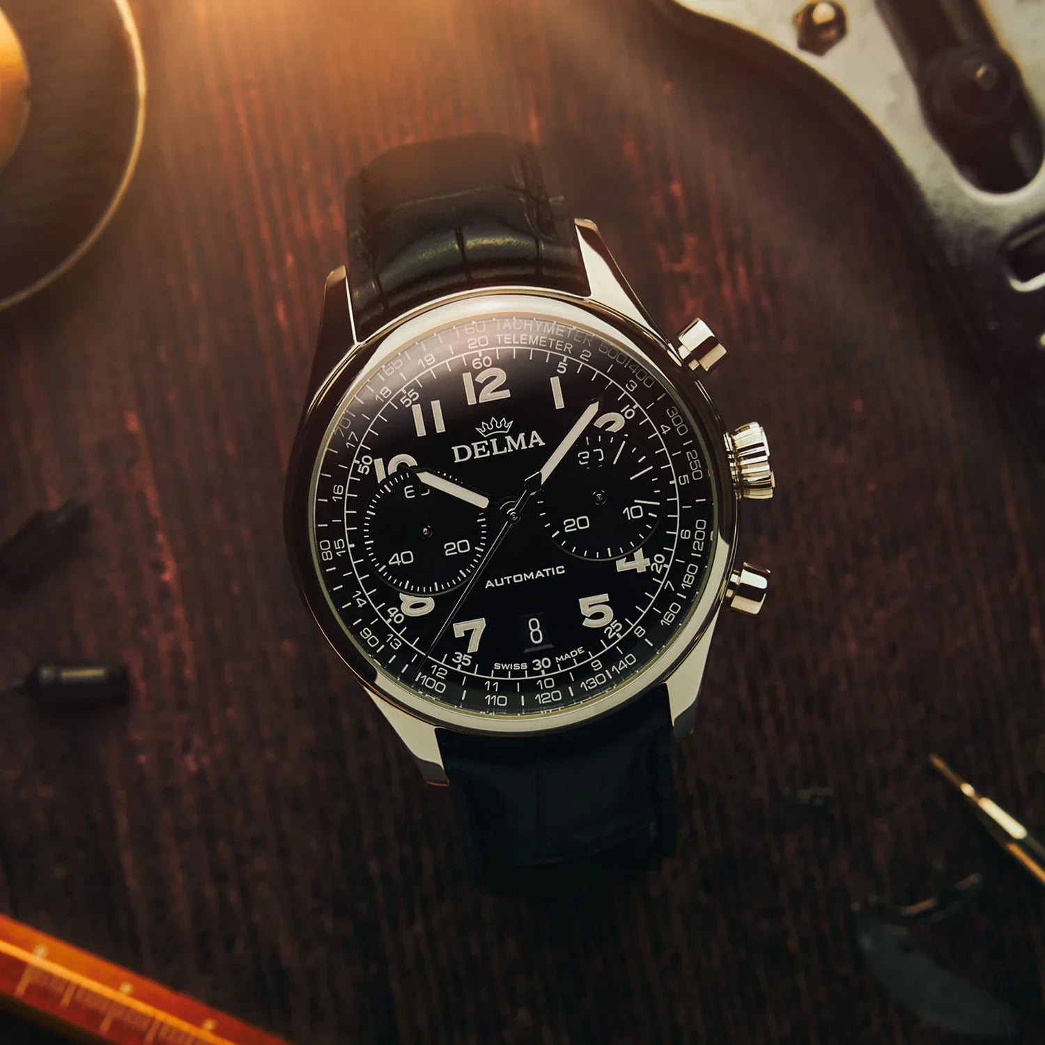 Delma Heritage Chronograph LE black dial black leather strap