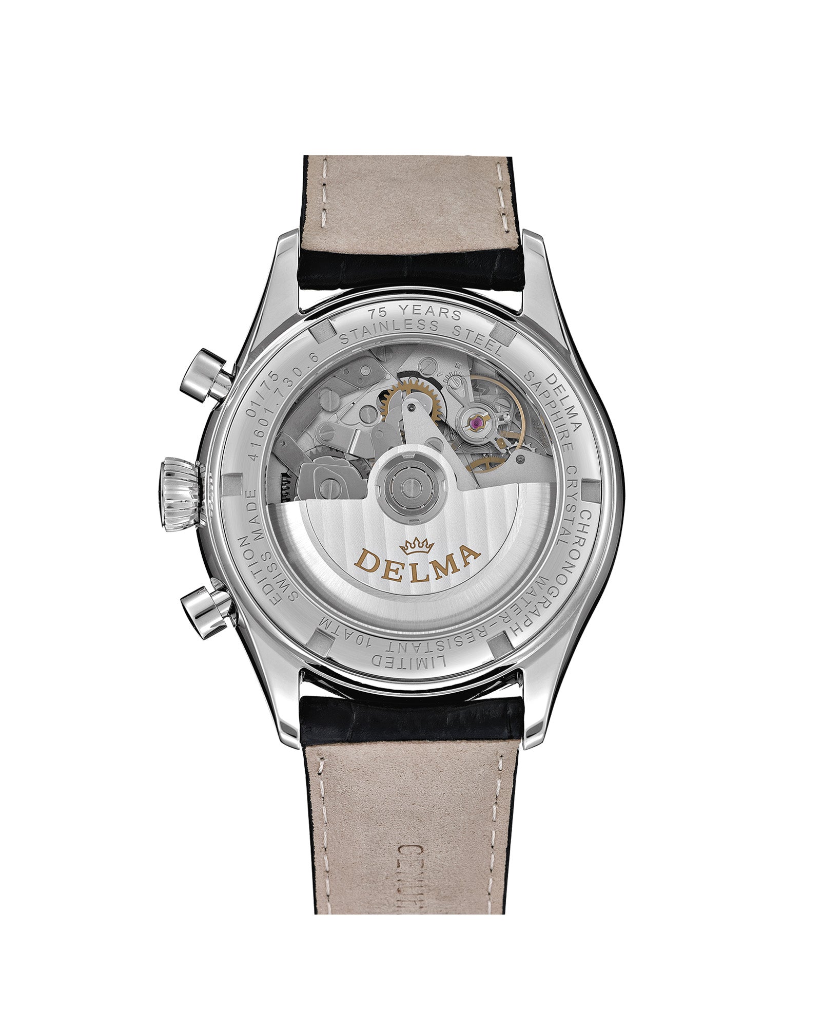 DELMA Heritage Chronograph LE stainless steel watch with leather strap case back