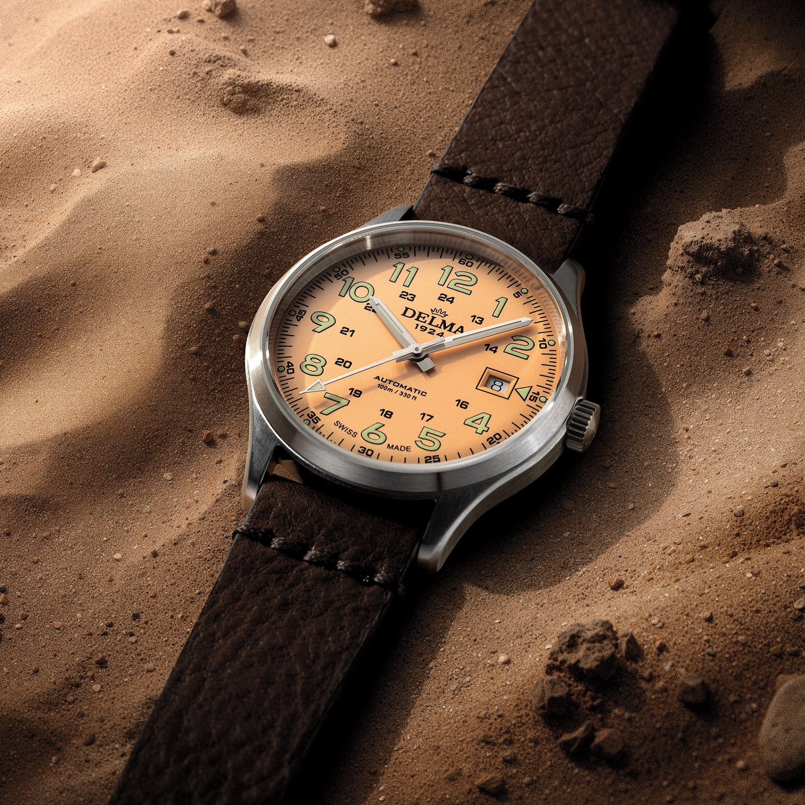 DELMA Commander with salmon dial in desert