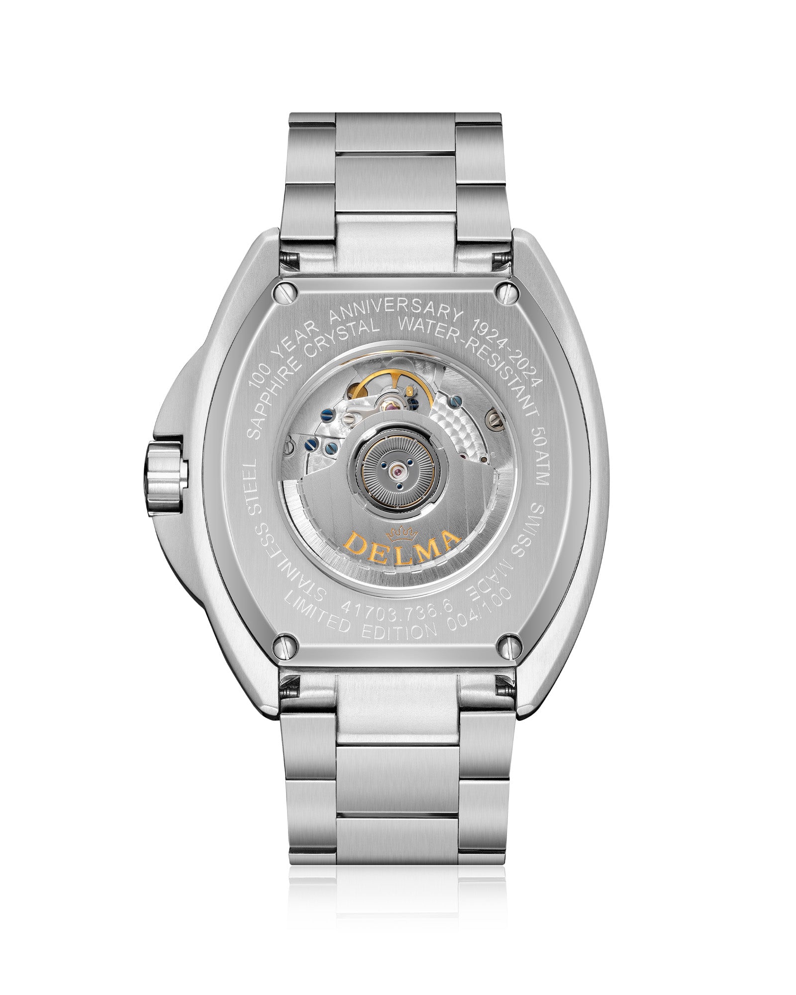 DELMA Shell Star Big Date stainless steel watch case back