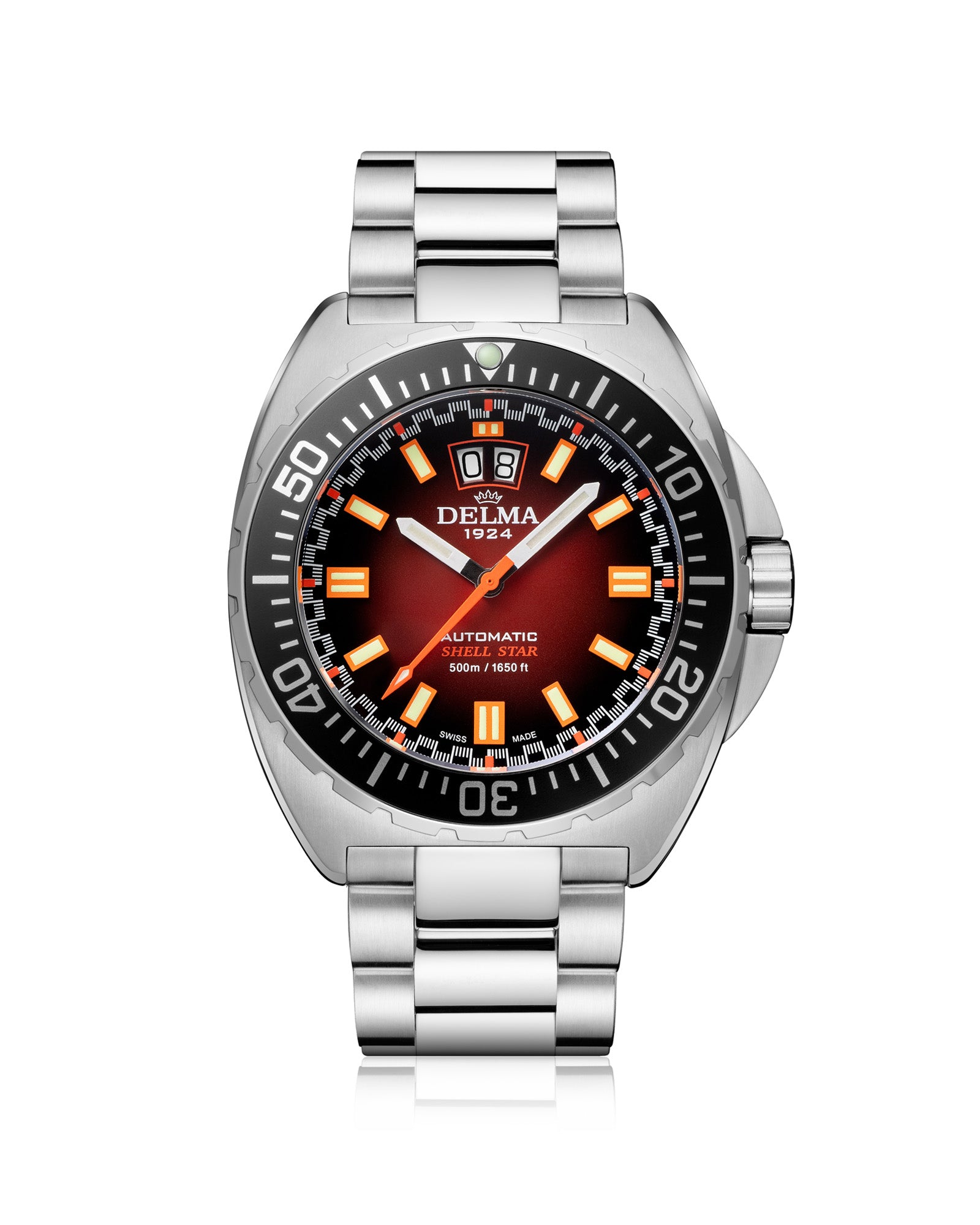 DELMA Shell Star Big Date stainless steel watch with brown dial and black bezel