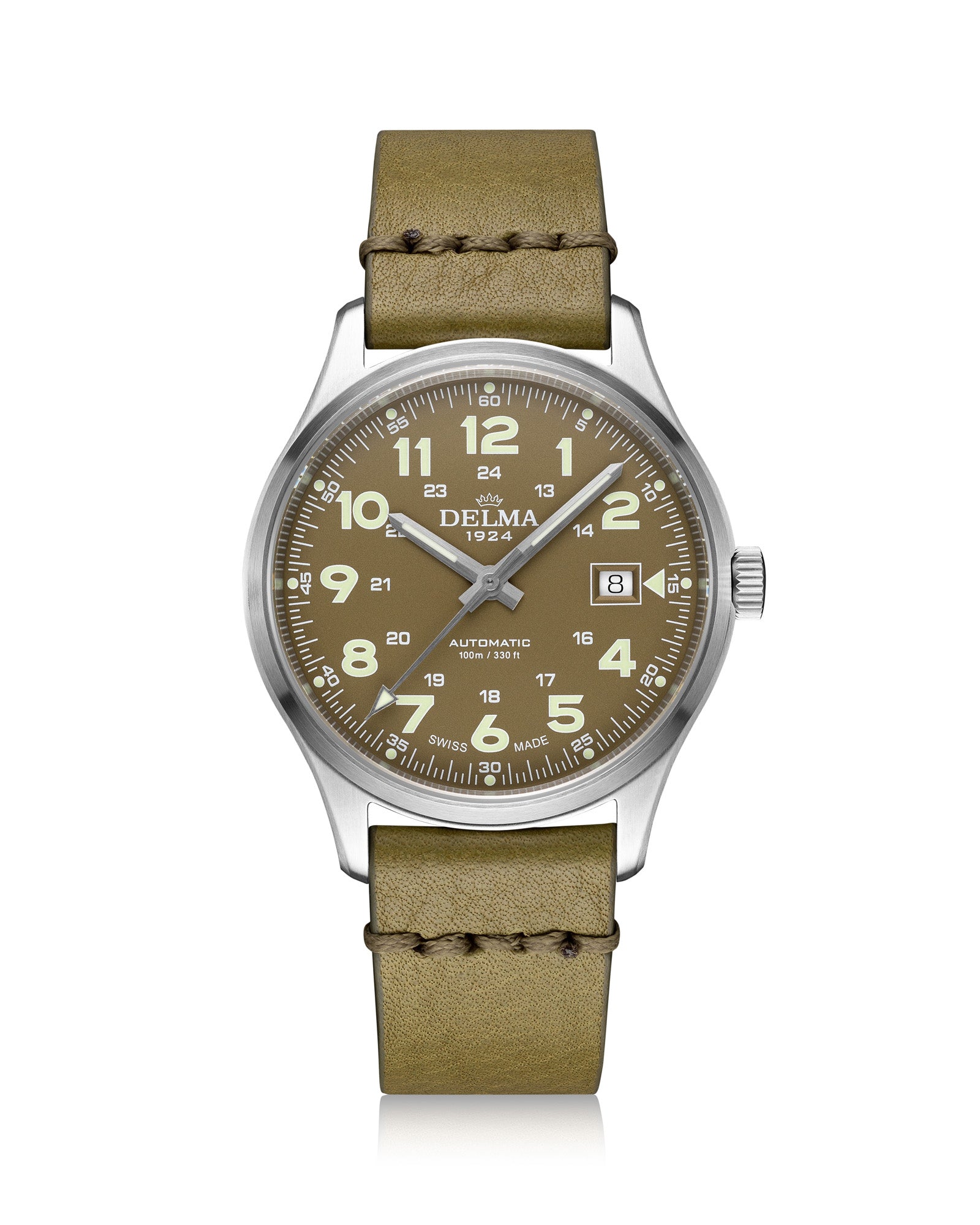 DELMA Commander 40 mm stainless steel watch with olive dial and olive leather strap