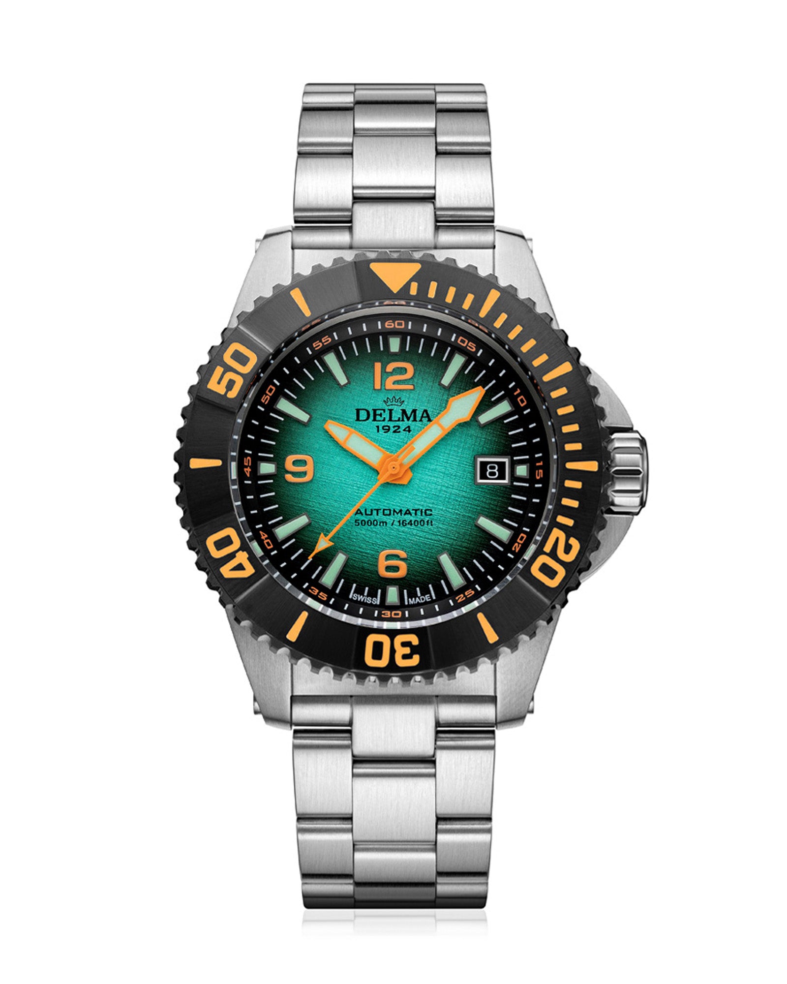 DELMA Blue Shark IV stainless steel watch with teal gradient dial and black bezel