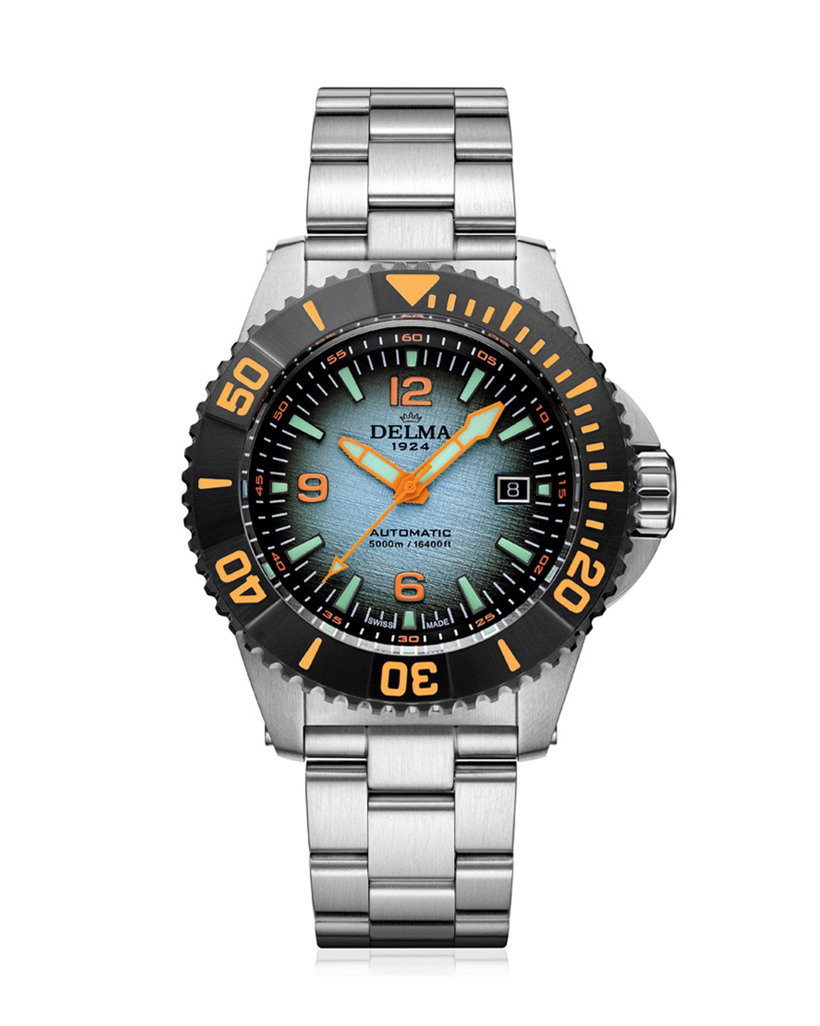 DELMA Blue Shark IV stainless steel watch with blue gradient dial and black bezel