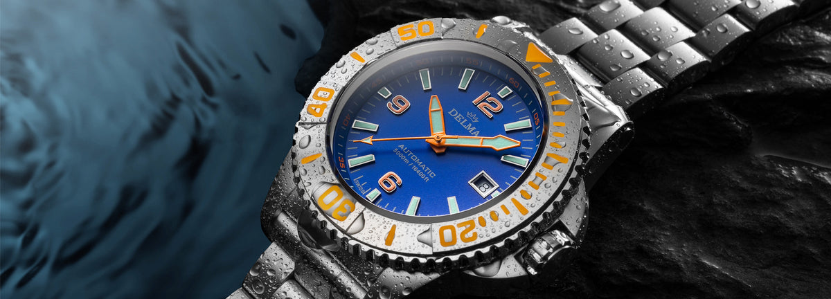 DELMA Blue Shark IV stainless steel watch with blue dial and black bezel in context
