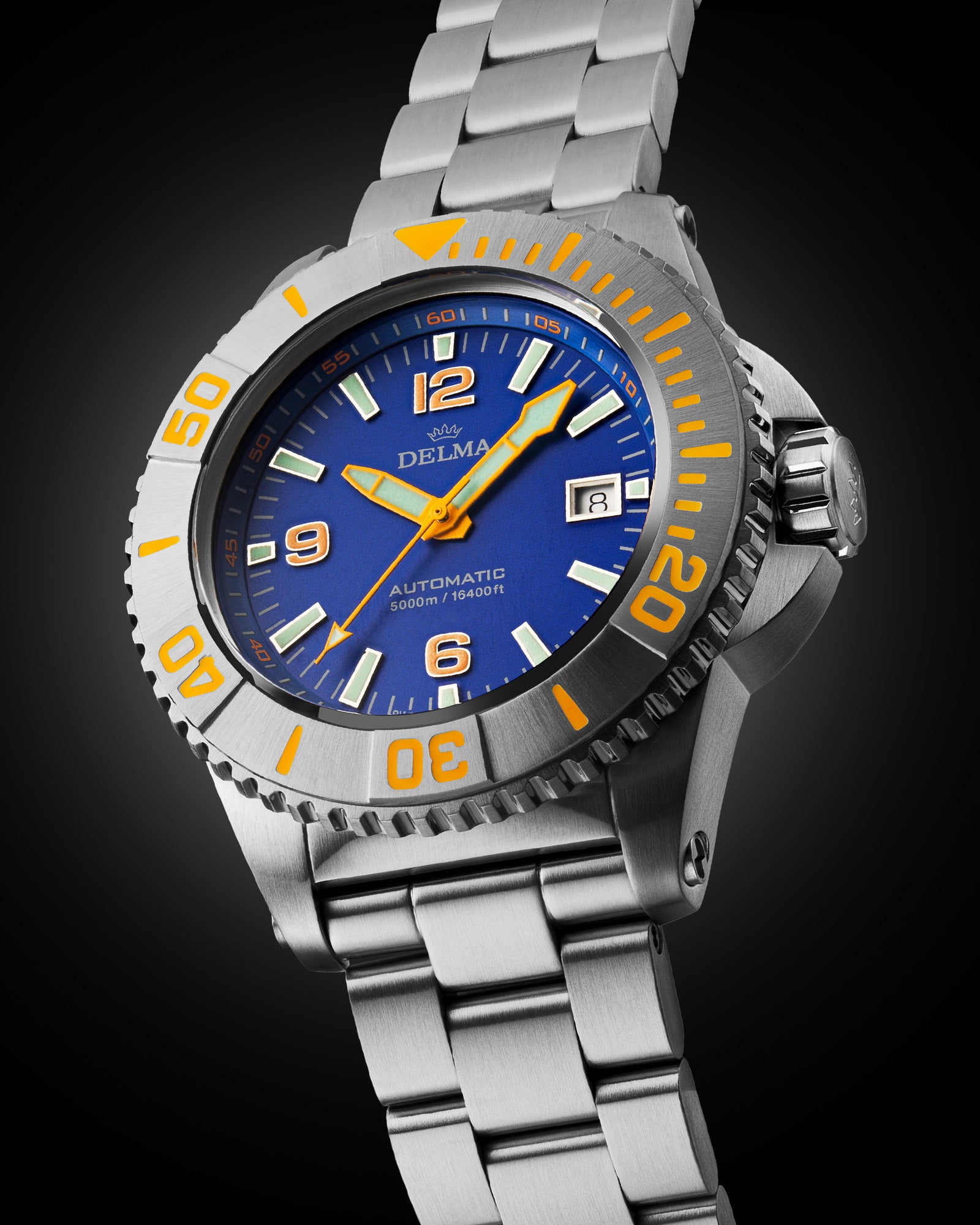 DELMA Blue Shark IV stainless steel watch with blue dial side