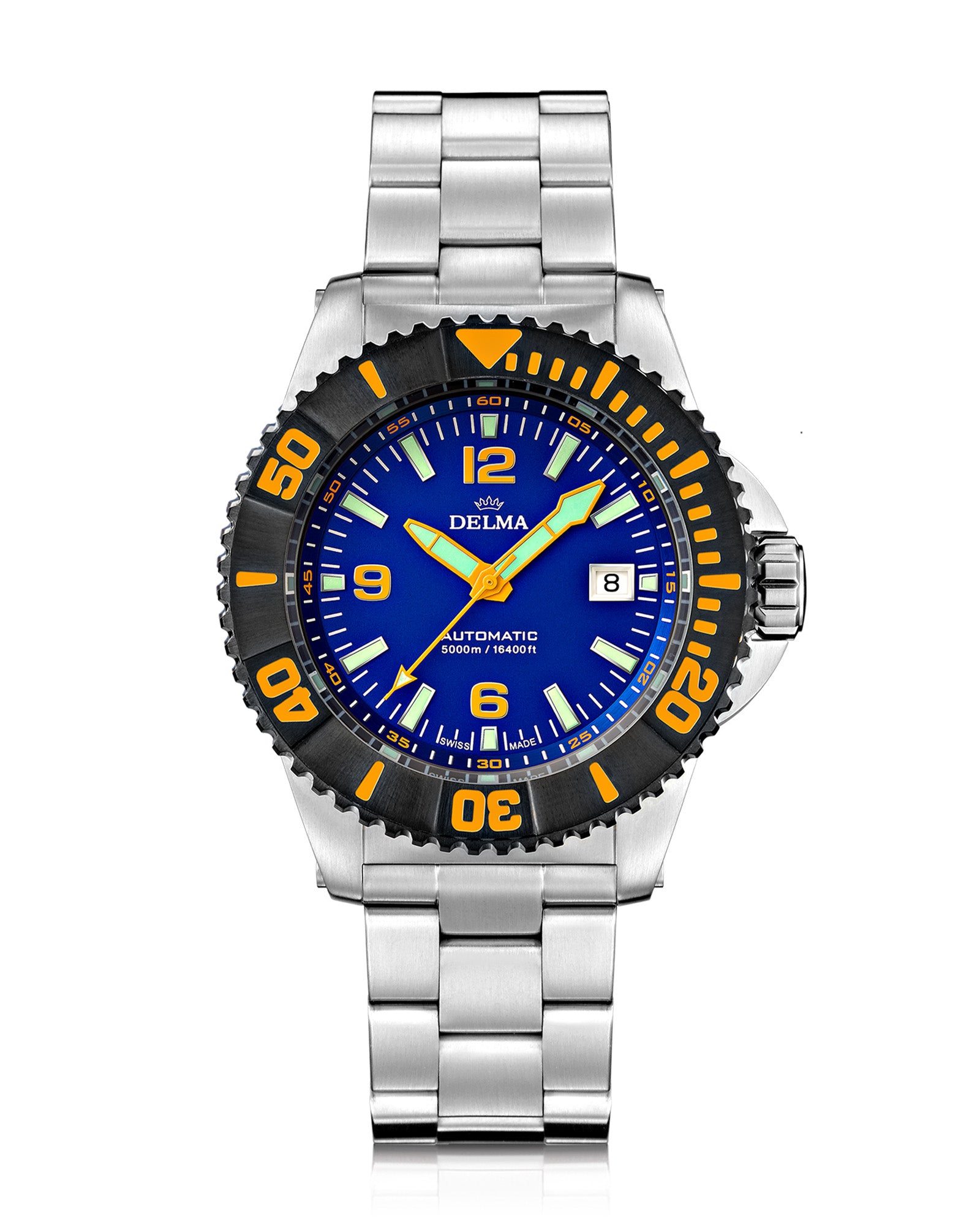 DELMA Blue Shark IV stainless steel watch with blue dial and black bezel