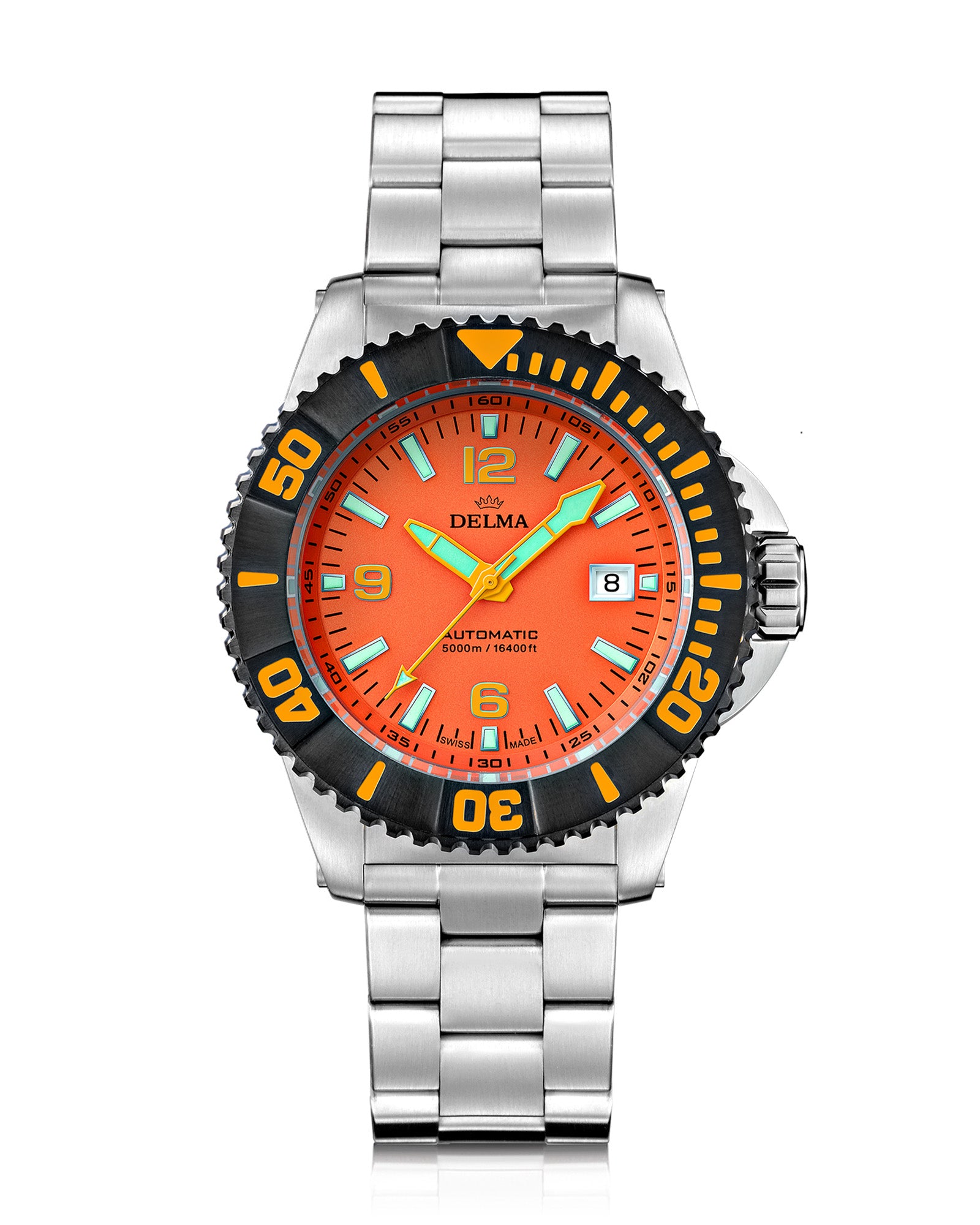 DELMA Blue Shark IV stainless steel watch with orange dial and black bezel