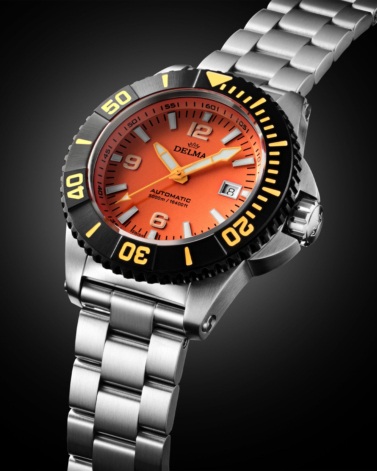 DELMA Blue Shark IV stainless steel watch with orange dial and black bezel side