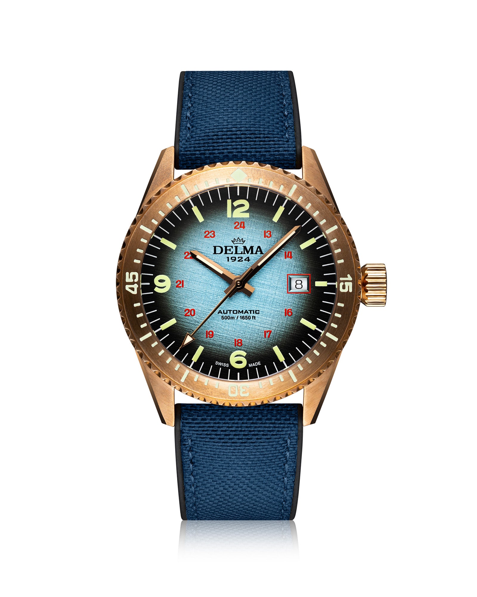 DELMA Cayman Bronze watch with blue gradient dial and blue Cordura strap
