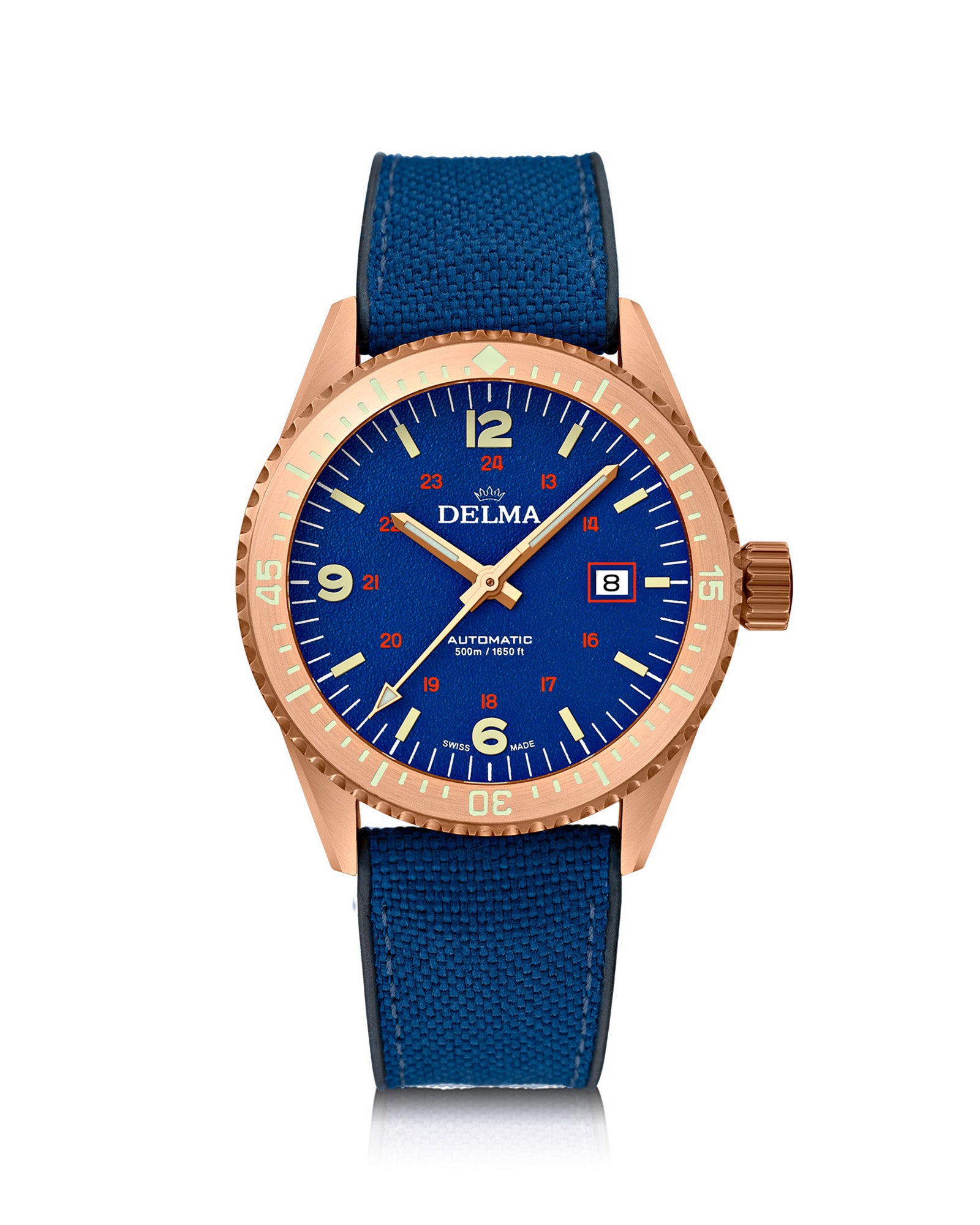 DELMA Cayman Bronze watch with blue dial and blue Cordura strap