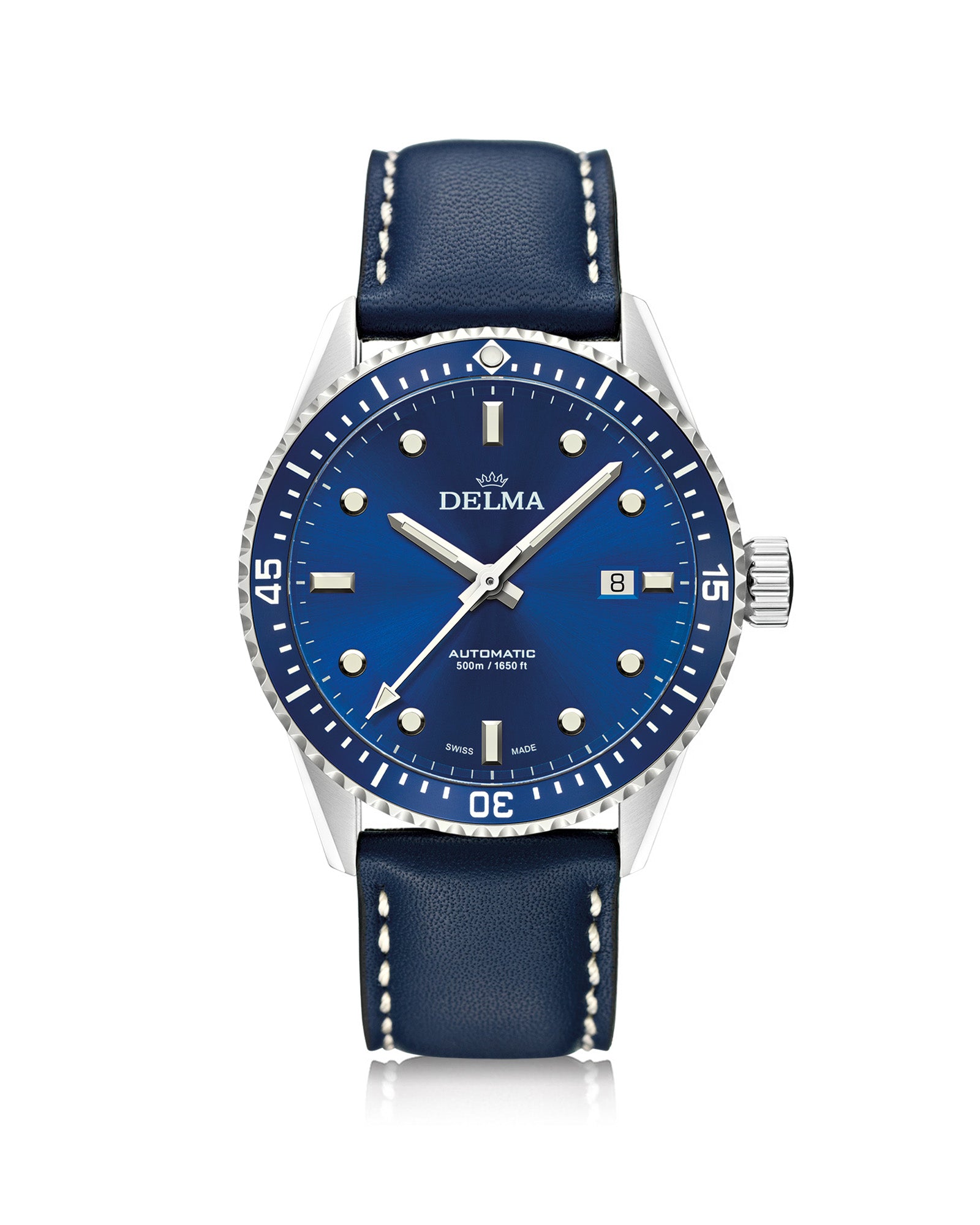 DELMA Cayman Automatic stainless steel watch with blue dial, blue bezel and blue leather strap