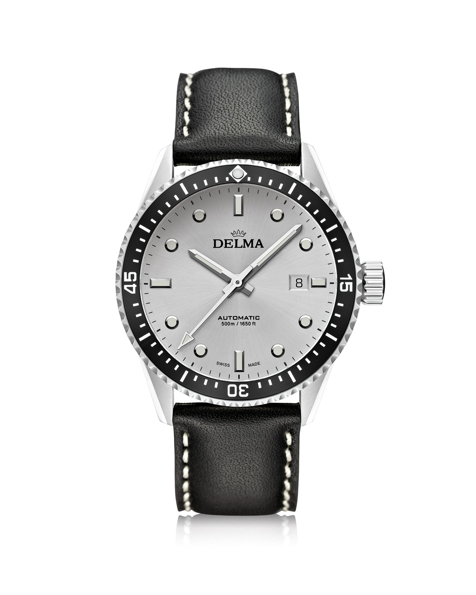 DELMA Cayman Automatic stainless steel watch with silver dial, black bezel and black leather strap