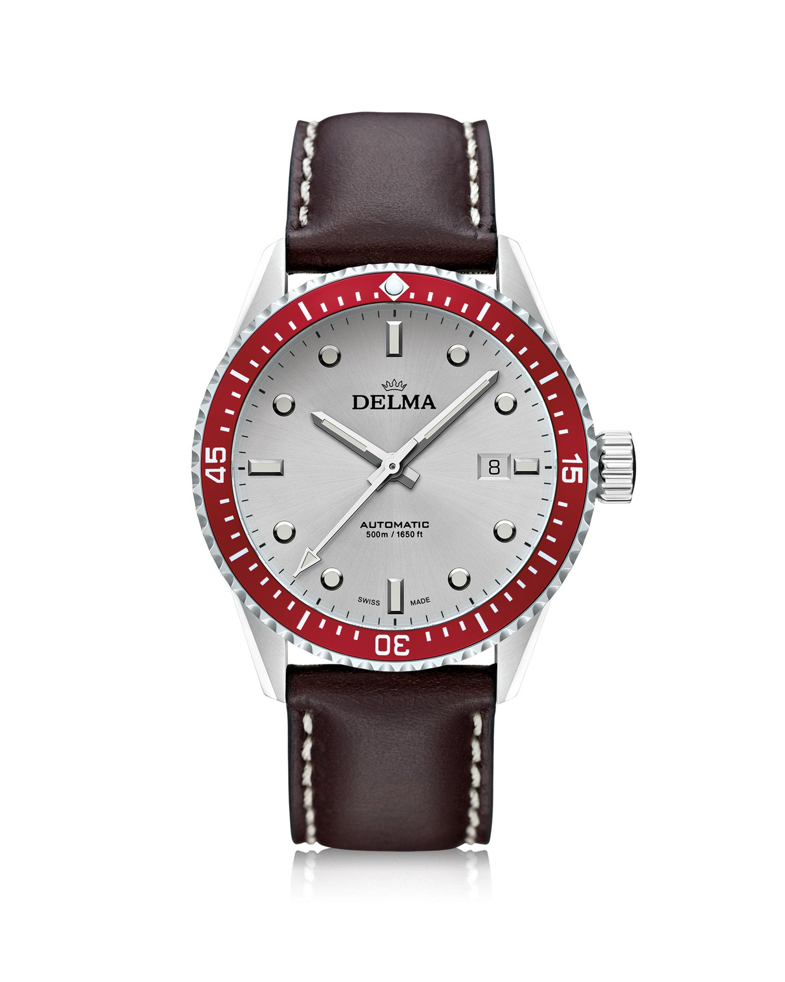 DELMA Cayman Automatic stainless steel watch with silver dial, red bezel and brown leather strap