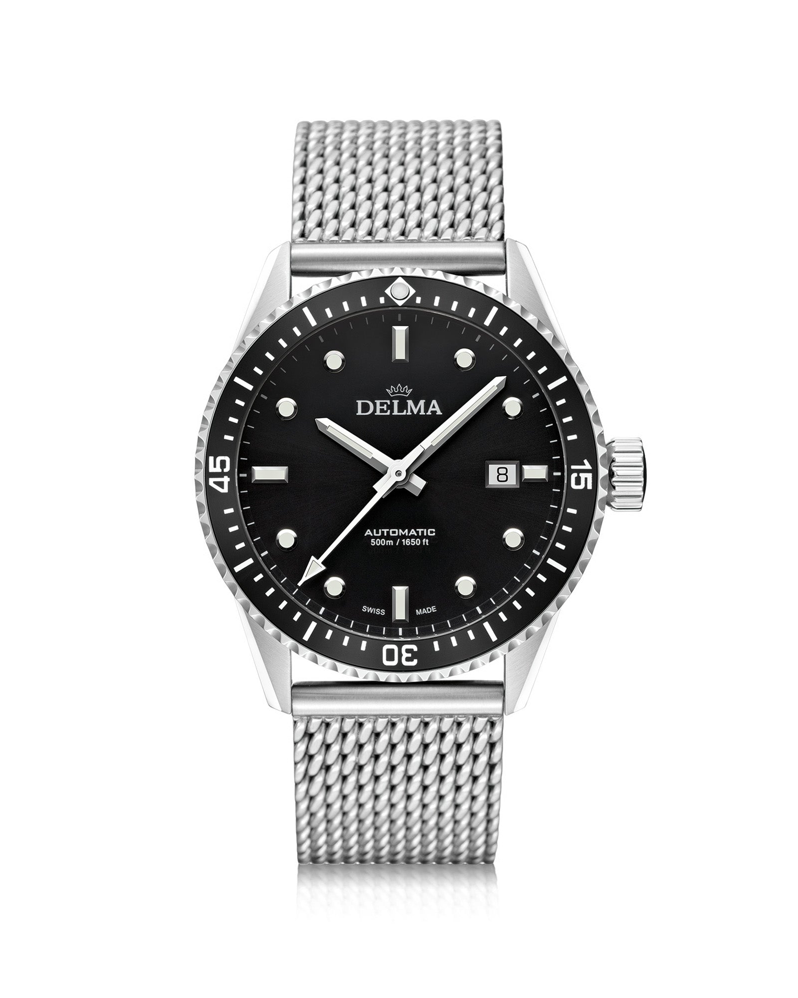 DELMA Cayman Automatic stainless steel watch with black dial and black bezel 