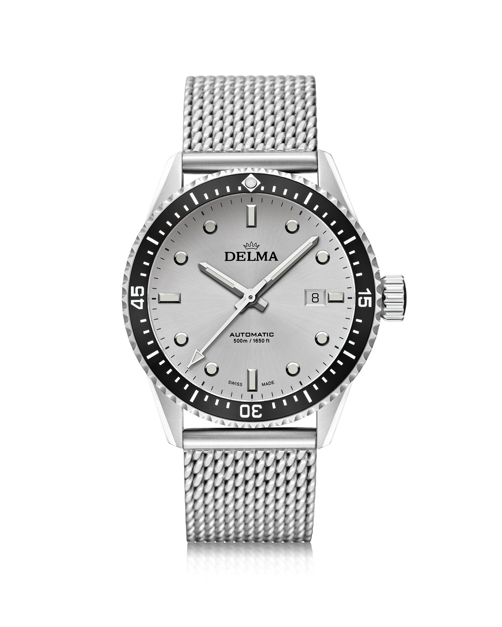 DELMA Cayman Automatic stainless steel watch with silver dial and black bezel 