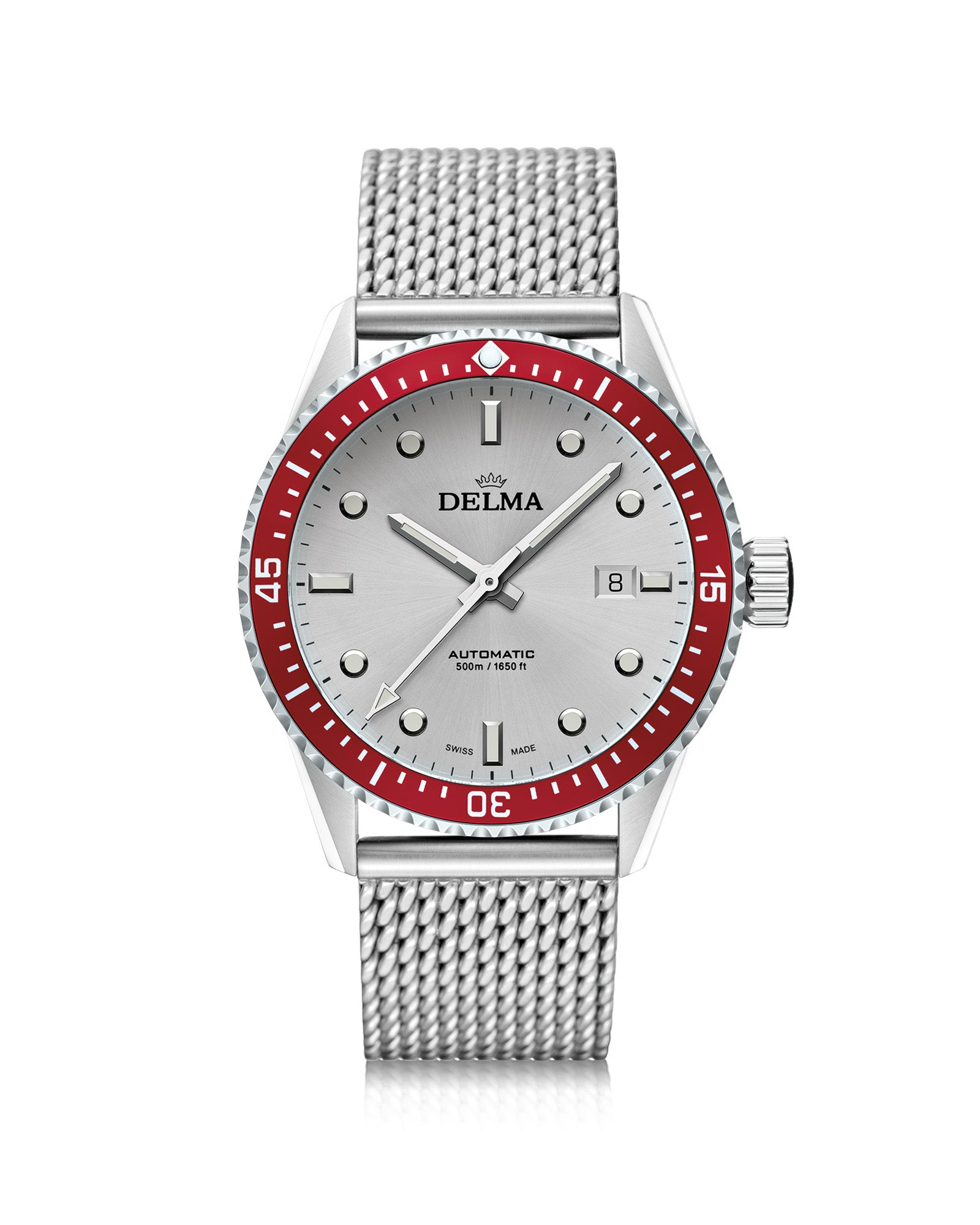 DELMA Cayman Automatic stainless steel watch with silver dial and red bezel 