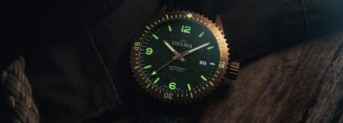DELMA Cayman Bronze watch with green dial and green Cordura strap luminous