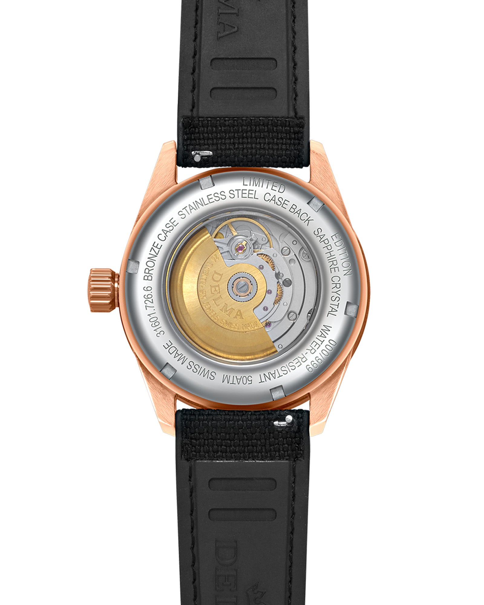 DELMA Cayman Bronze watch with Cordura strap case back