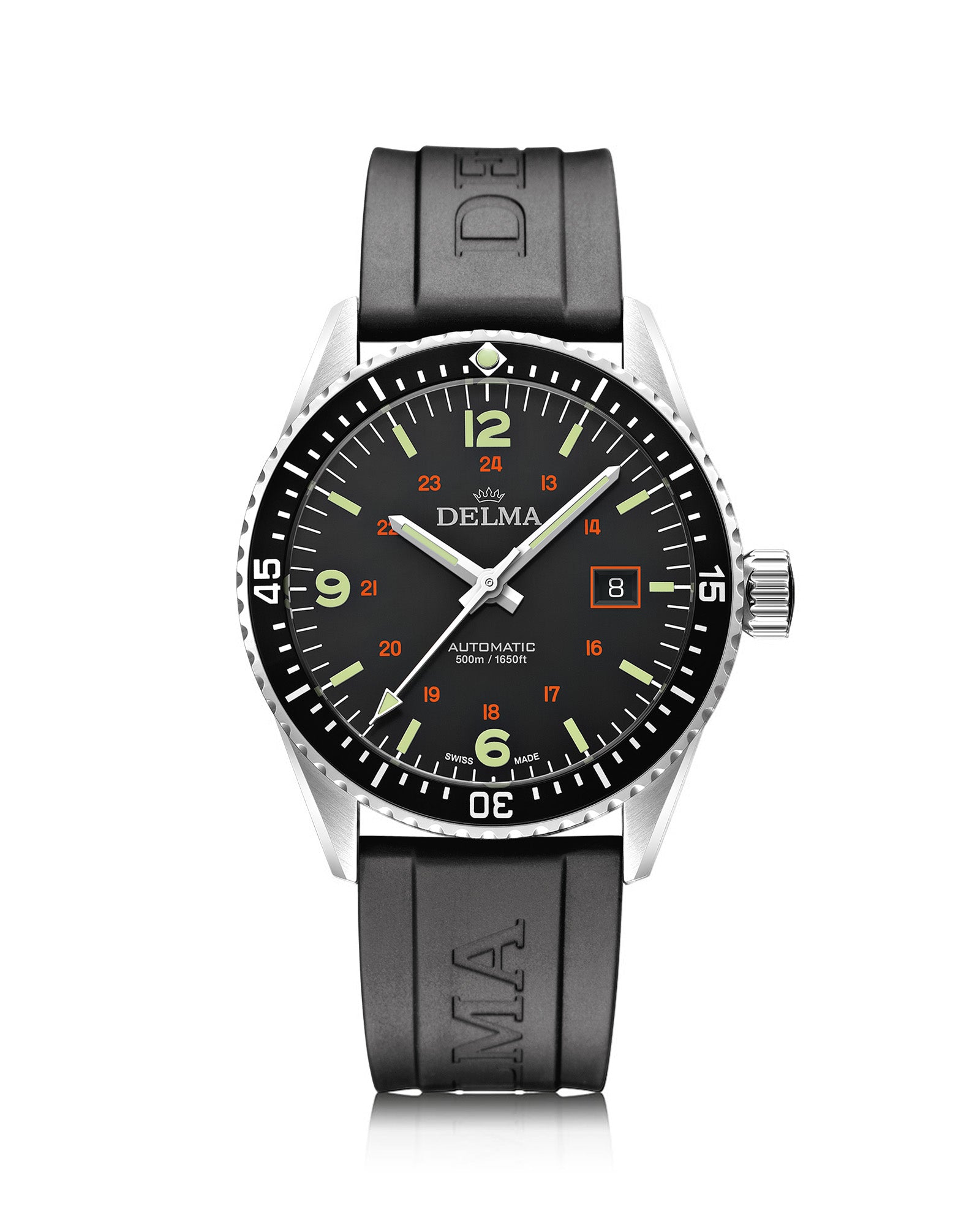 DELMA Cayman Field stainless steel watch with black dial and black rubber strap