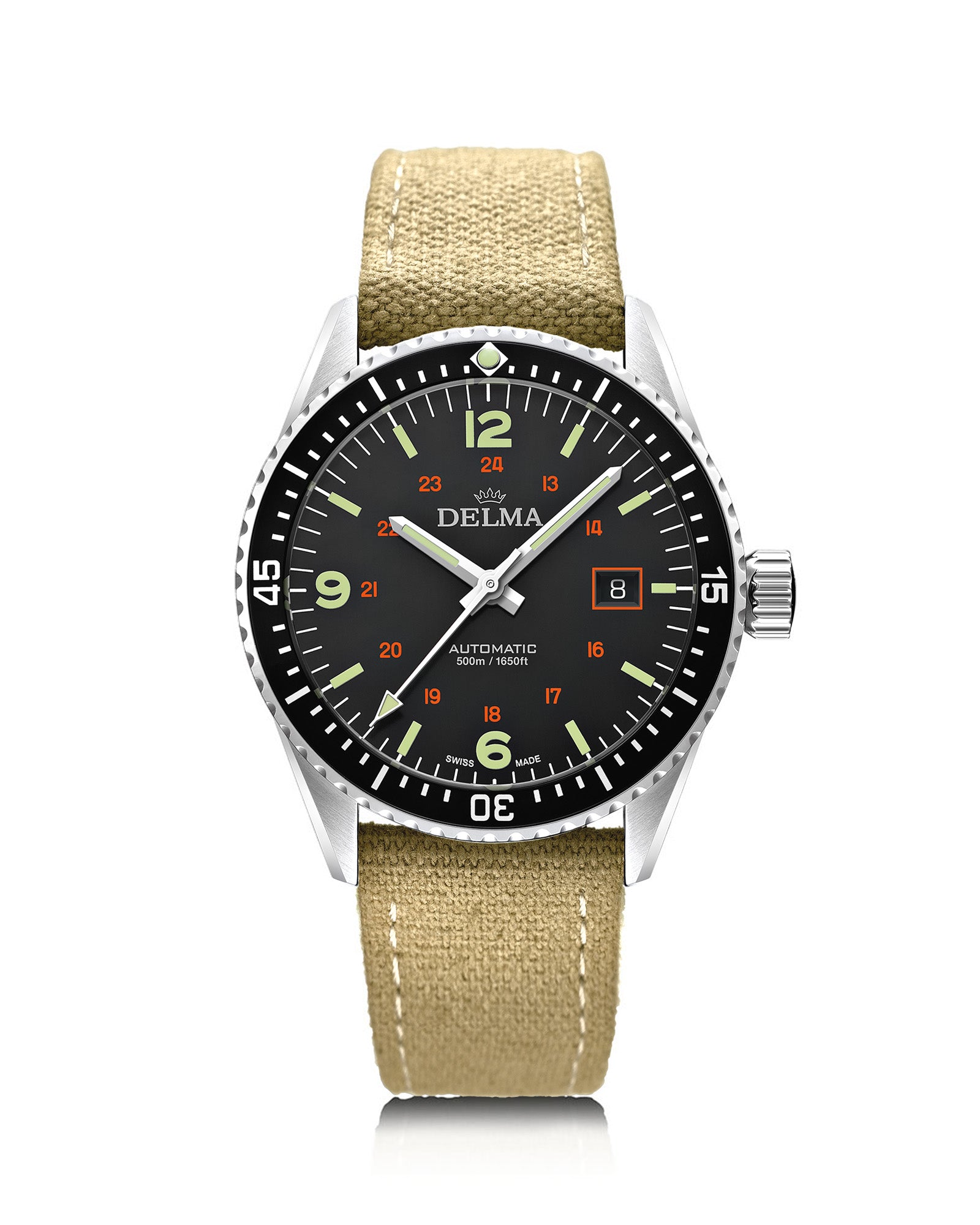 DELMA Cayman Field stainless steel watch with black dial and khaki color canvas strap