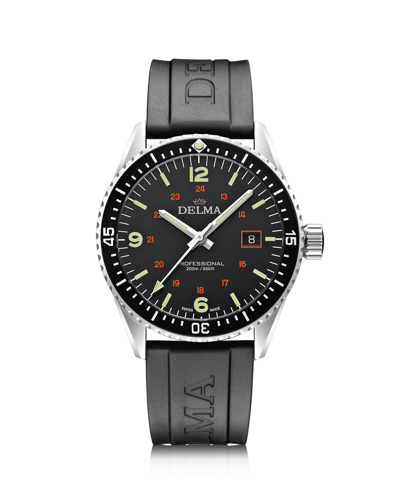 DELMA Cayman Field stainless steel watch with black dial and black rubber strap