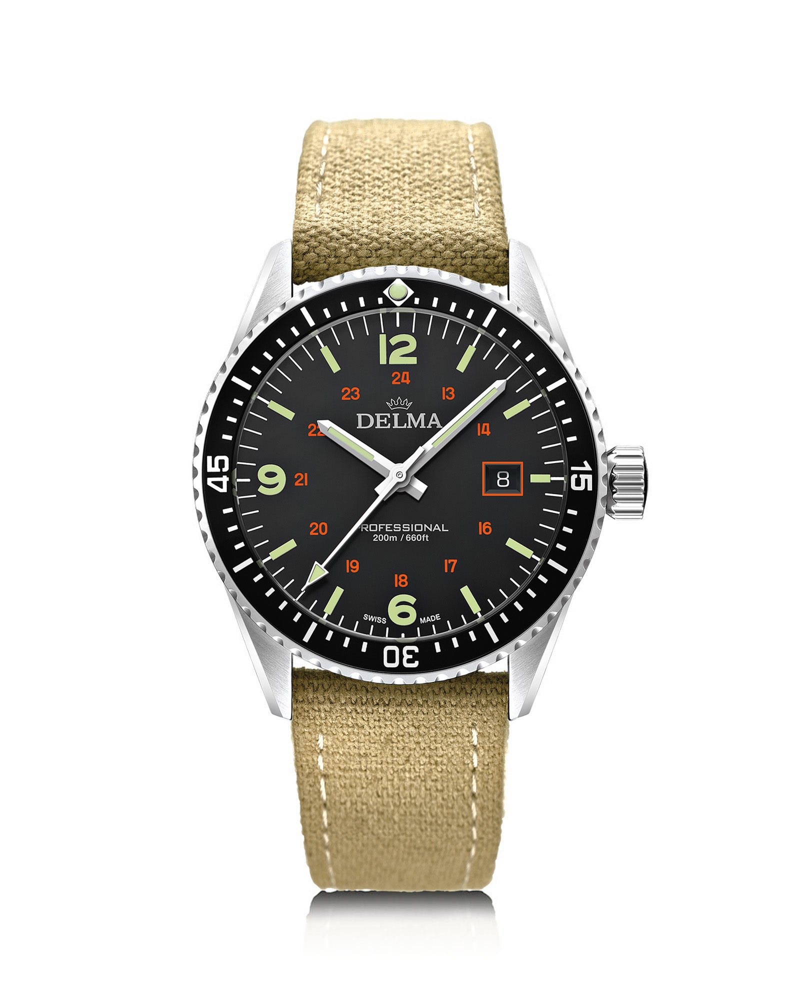 DELMA Cayman Field stainless steel watch with black dial and khaki color canvas strap