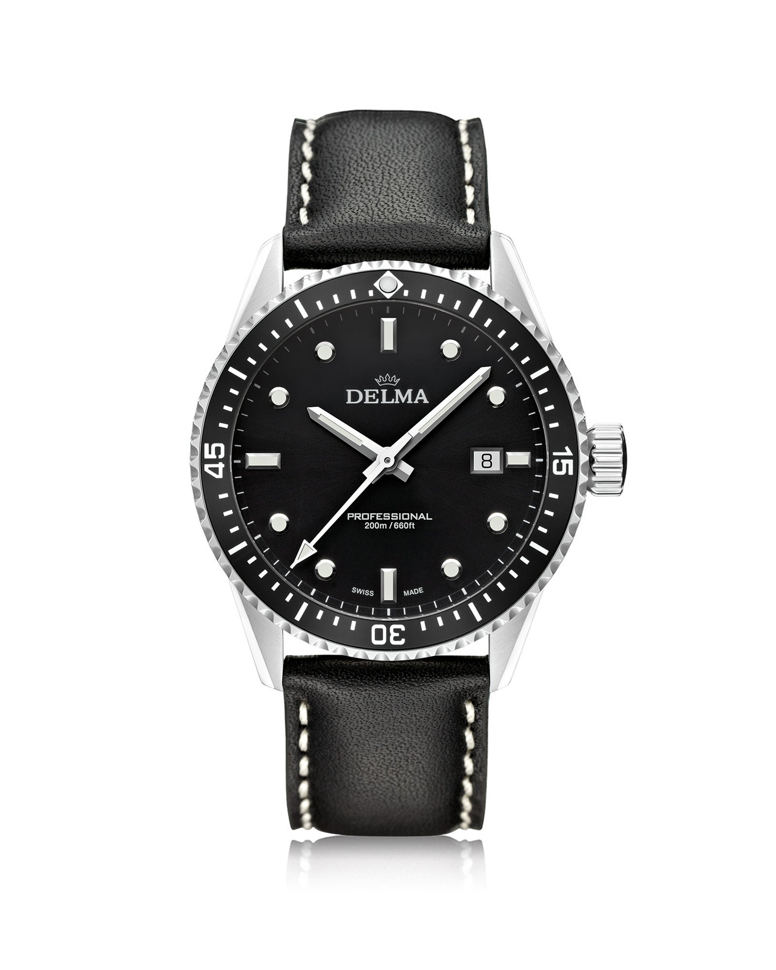 DELMA Cayman stainless steel watch with black dial, black bezel and black leather strap
