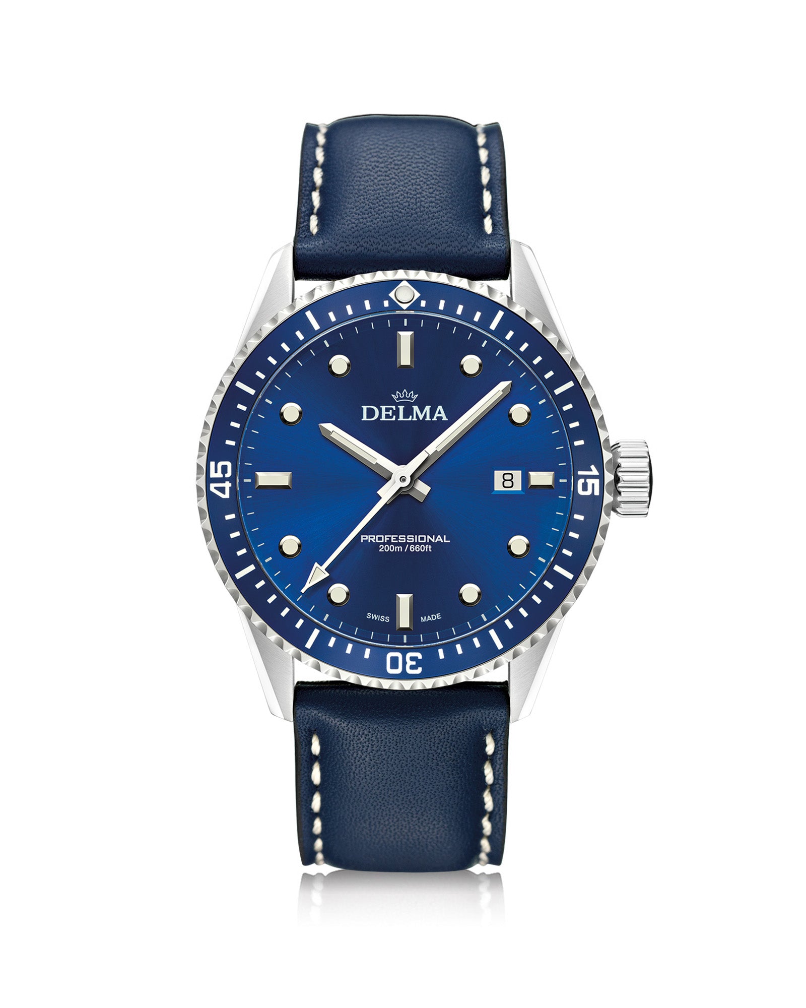 DELMA Cayman stainless steel watch with blue dial, blue bezel and blue leather strap