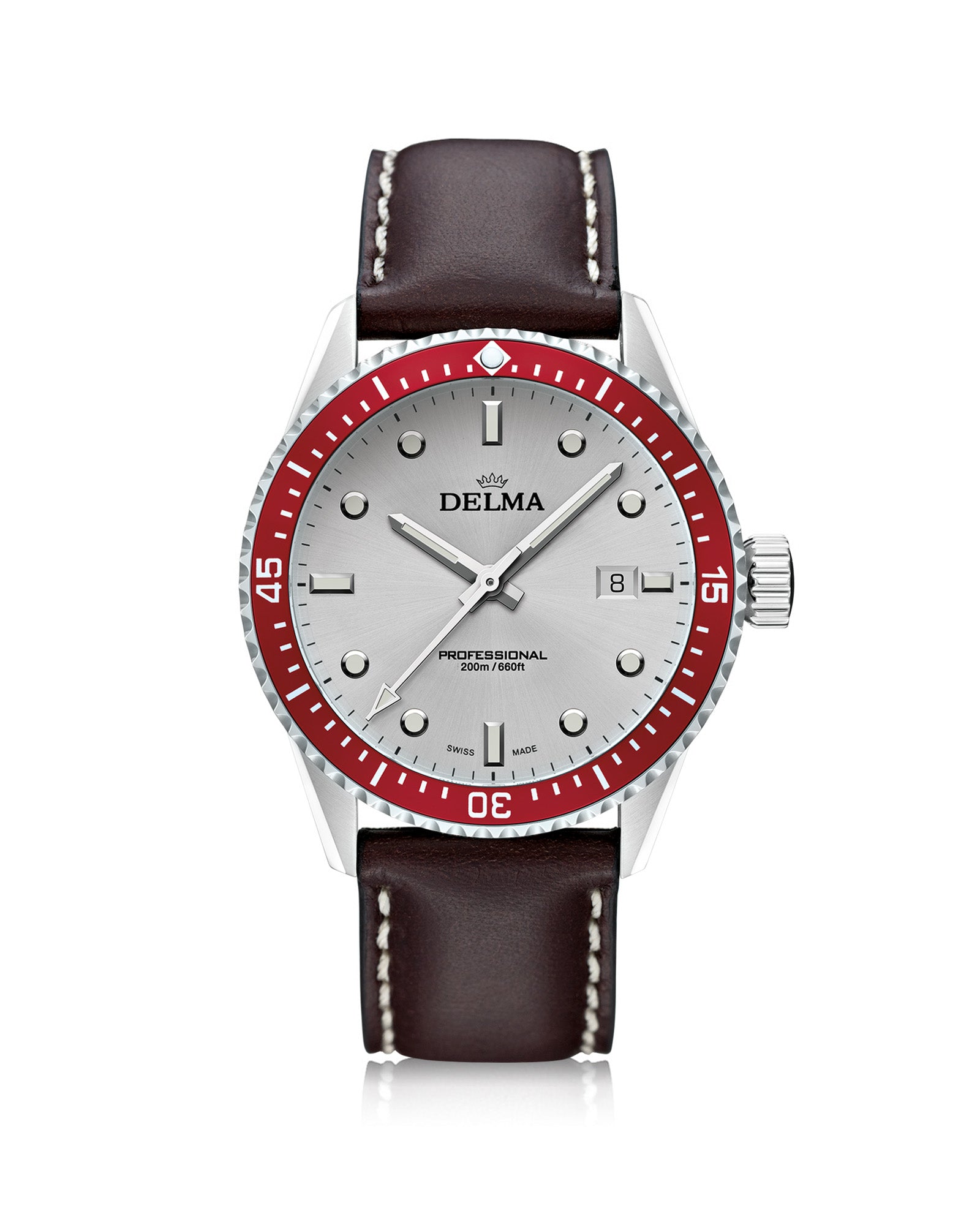 DELMA Cayman stainless steel watch with silver dial, red bezel and brown leather strap