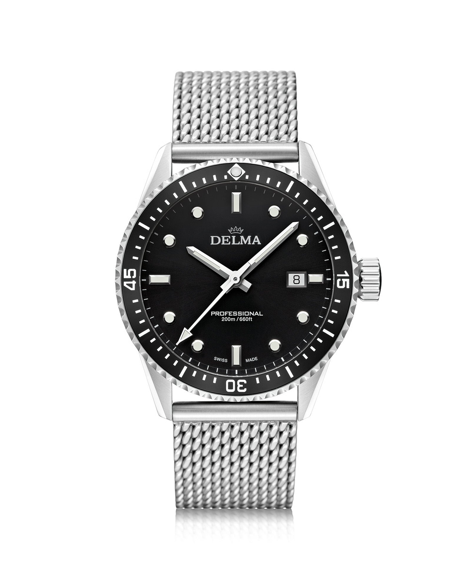 DELMA Cayman stainless steel watch with black dial and black bezel