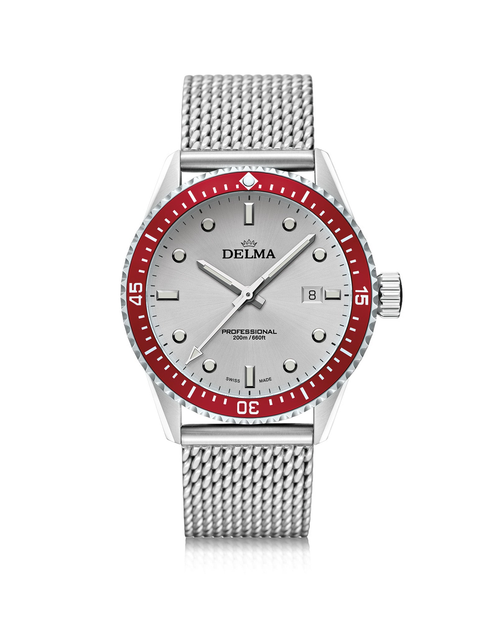DELMA Cayman stainless steel watch with silver dial and red bezel