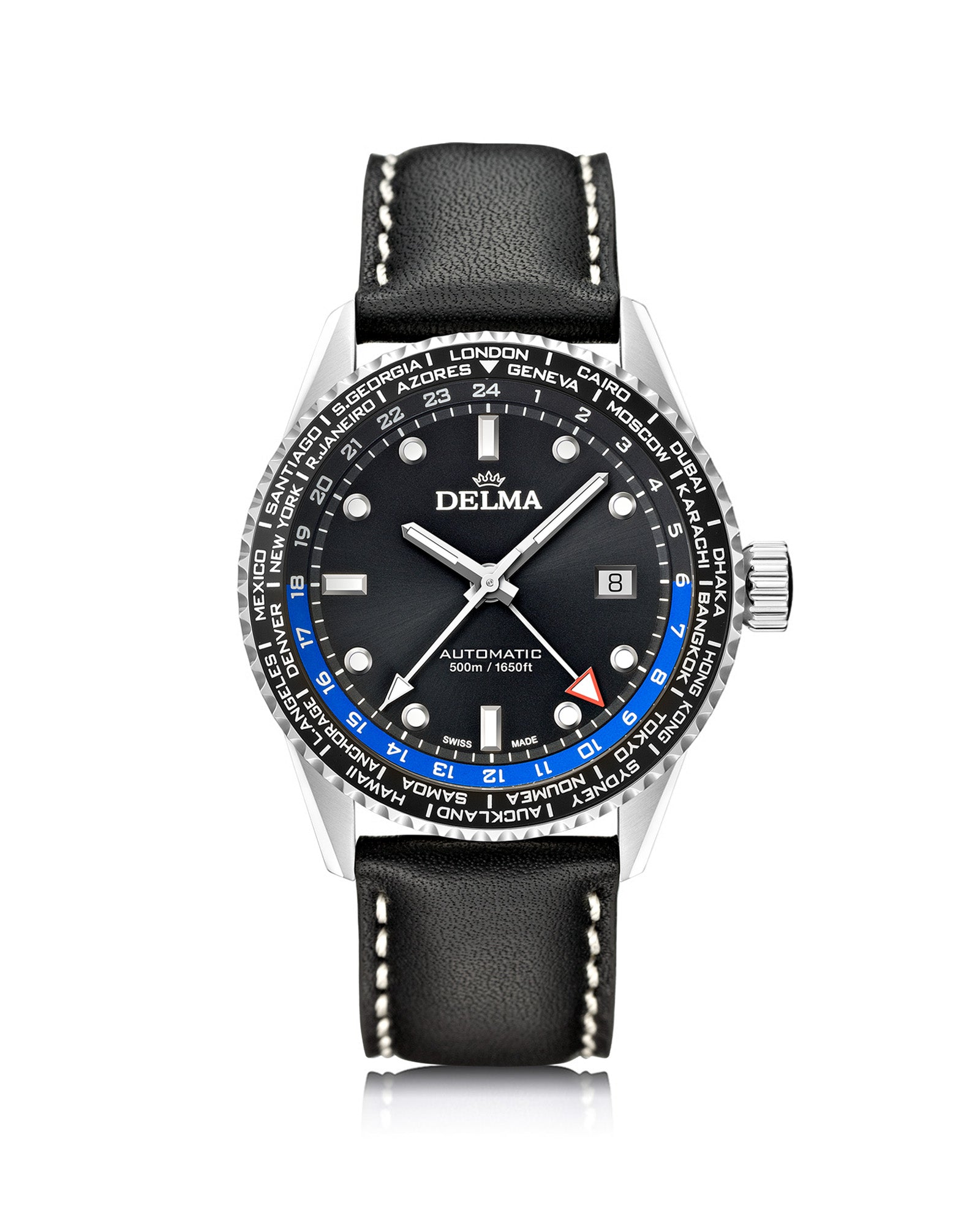 DELMA Cayman Worldtimer stainless steel watch with black dial and black leather strap