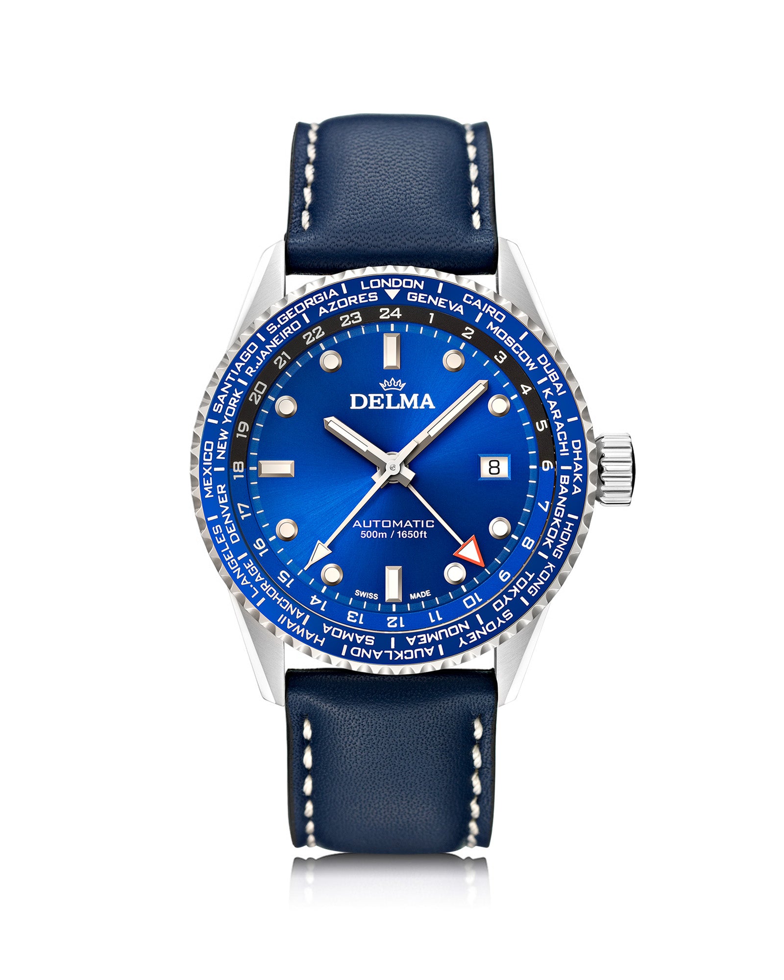 DELMA Cayman Worldtimer stainless steel watch with blue dial and blue leather strap