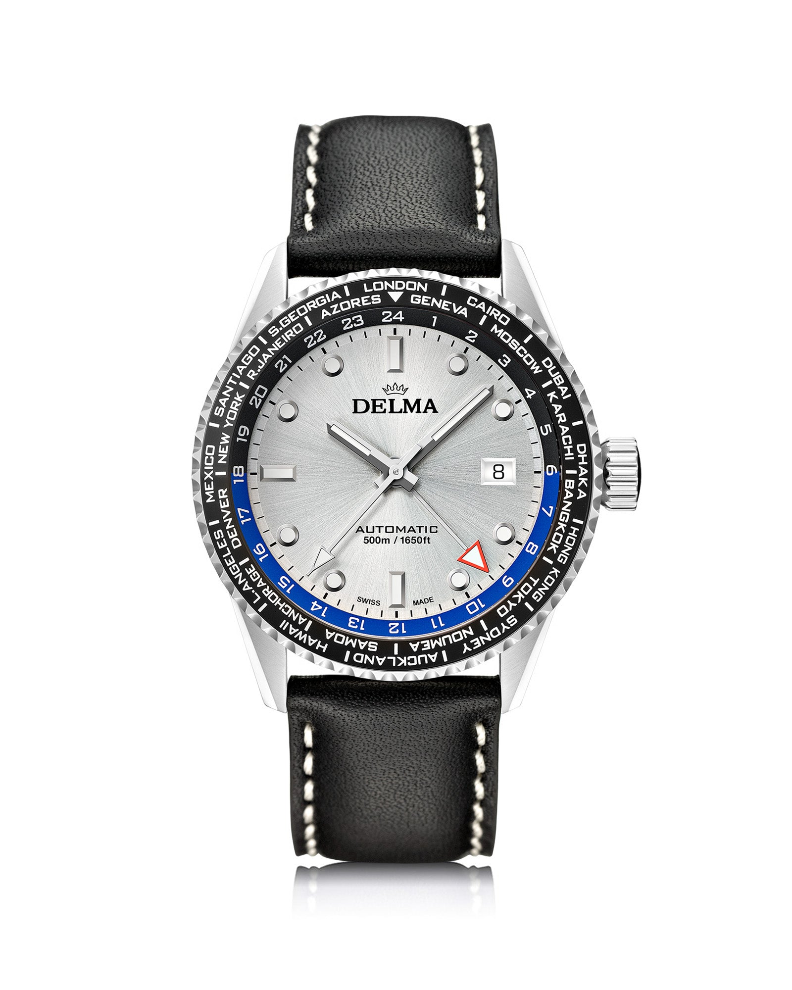 DELMA Cayman Worldtimer stainless steel watch with silver dial and black leather strap