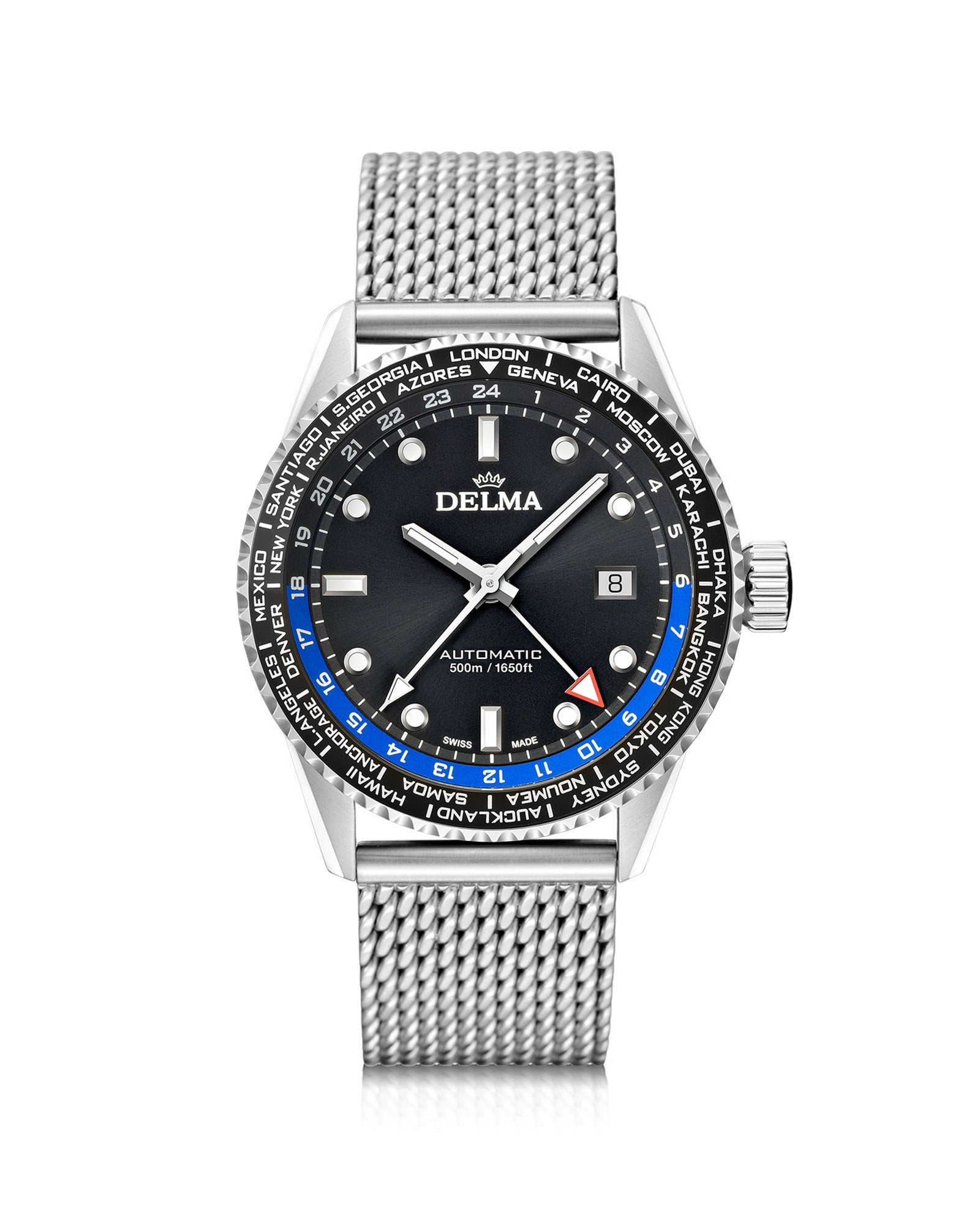 DELMA Cayman Worldtimer stainless steel watch with black dial