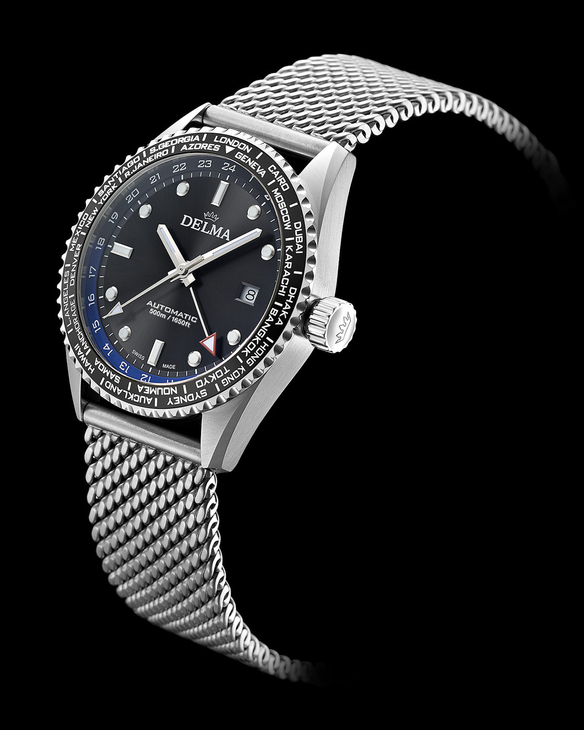 DELMA Cayman Worldtimer stainless steel watch with black dial side view