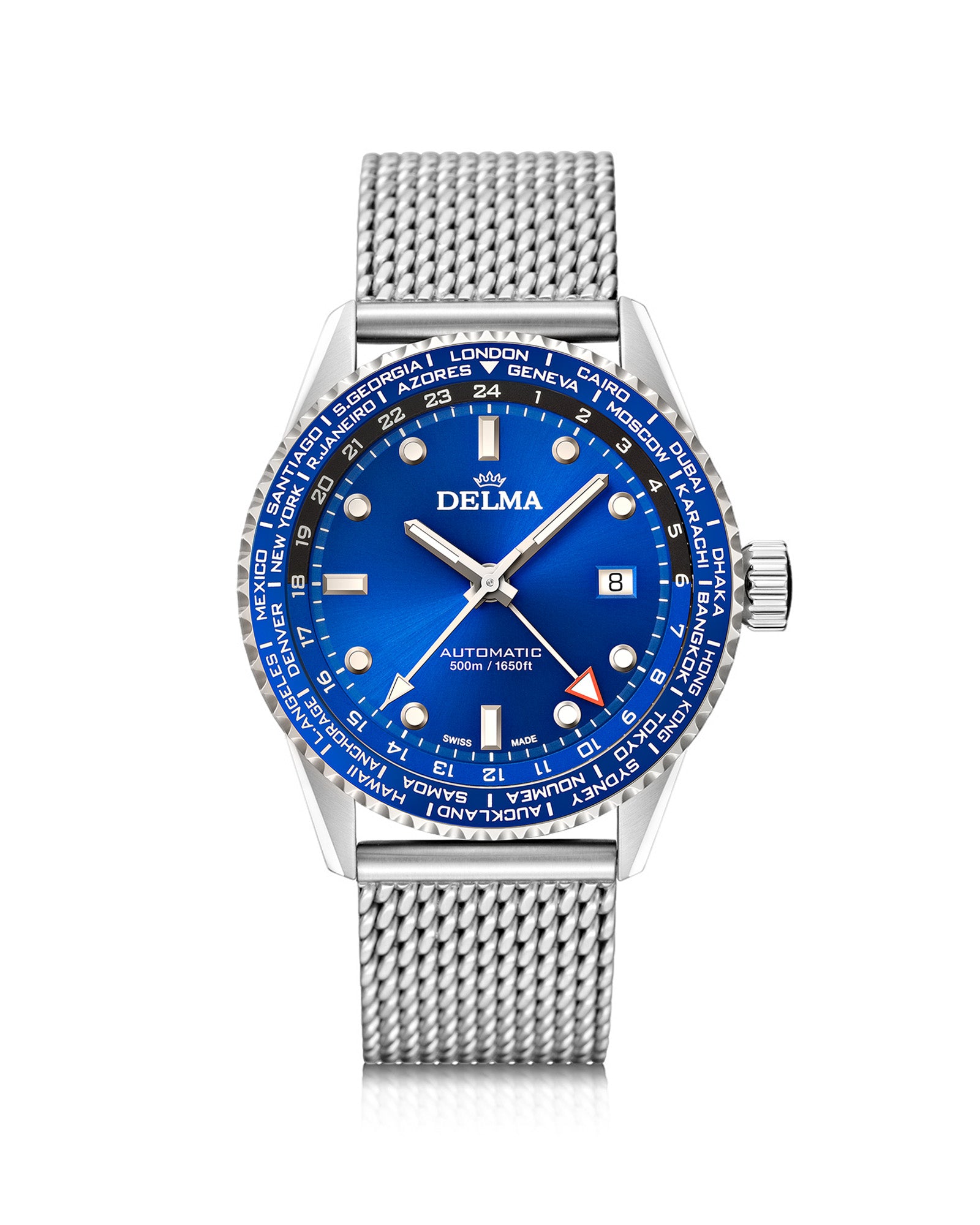 DELMA Cayman Worldtimer stainless steel watch with blue dial