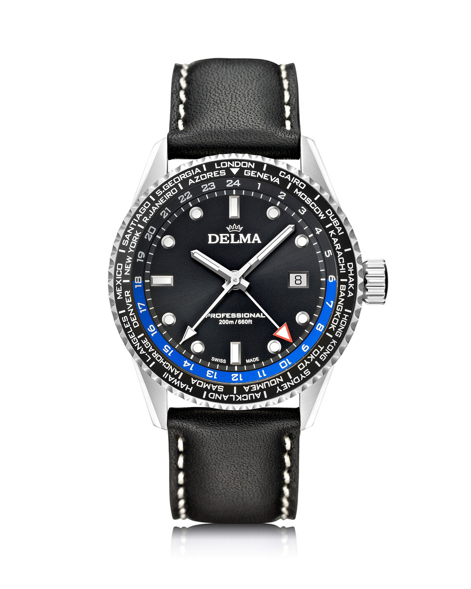 DELMA Cayman Worldtimer stainless steel watch with black dial and black leather strap