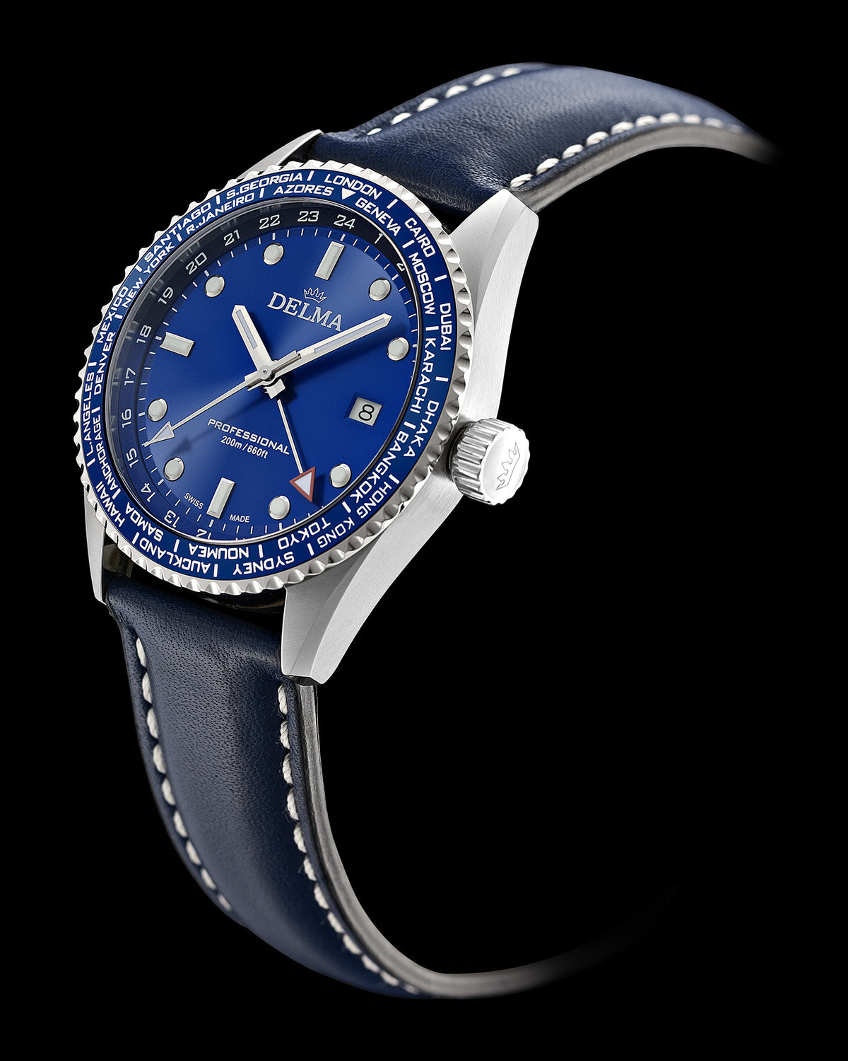 DELMA Cayman Worldtimer stainless steel watch with blue dial and blue leather strap side view