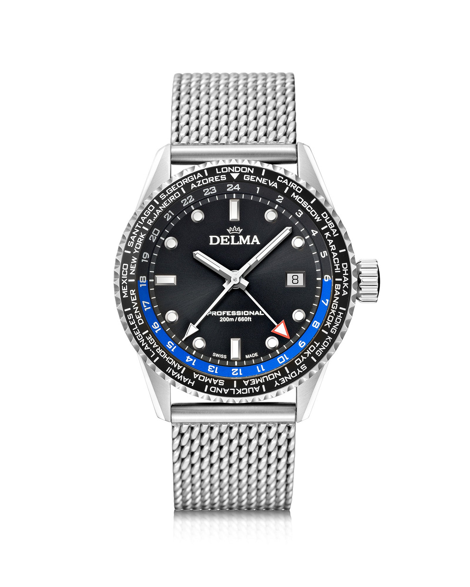 DELMA Cayman Worldtimer stainless steel watch with black dial
